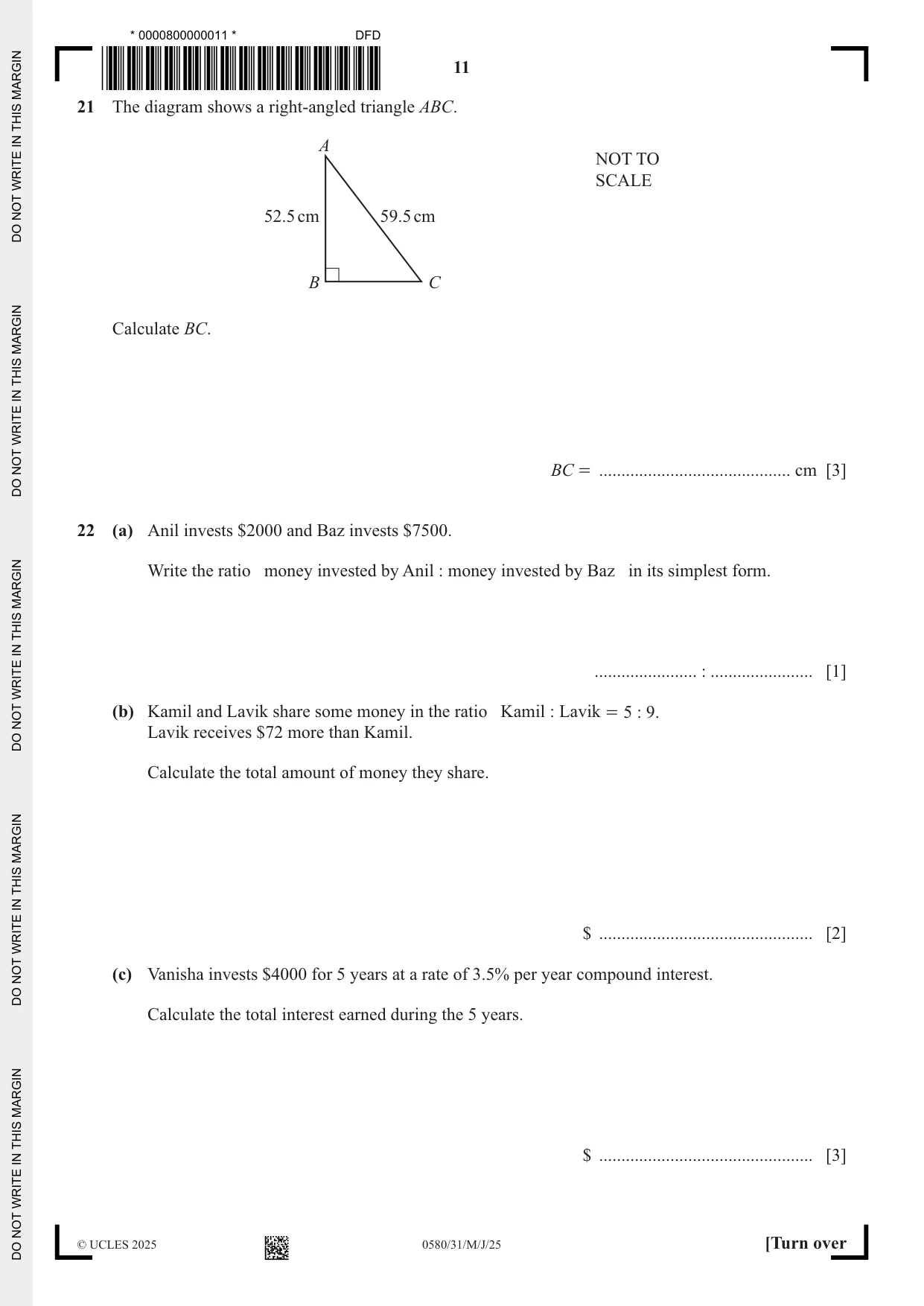Cambridge IGCSE Mathematics 0580 2025 May/June Paper 3 · Variant 1 question paper, page 11 of 16