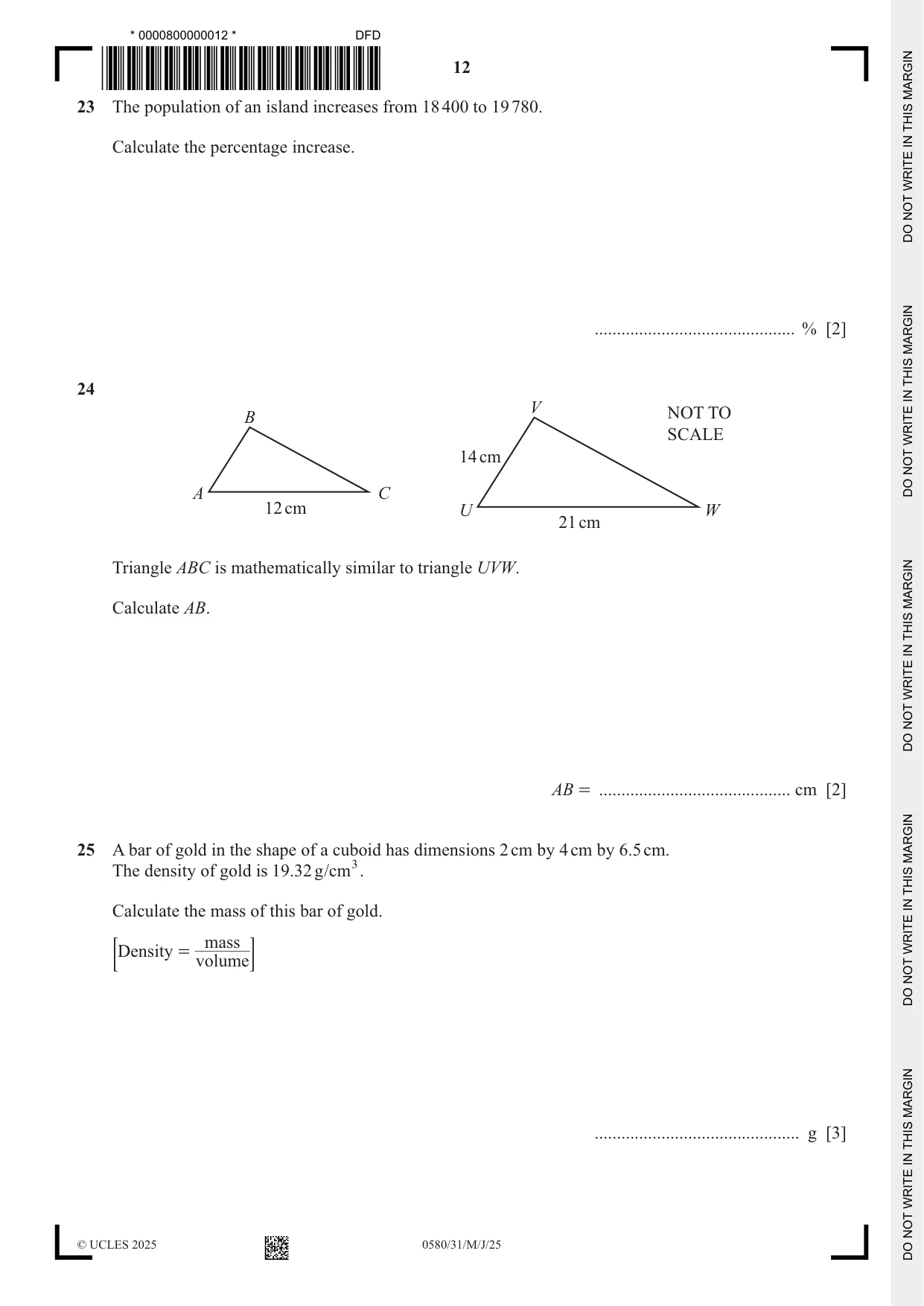 Cambridge IGCSE Mathematics 0580 2025 May/June Paper 3 · Variant 1 question paper, page 12 of 16
