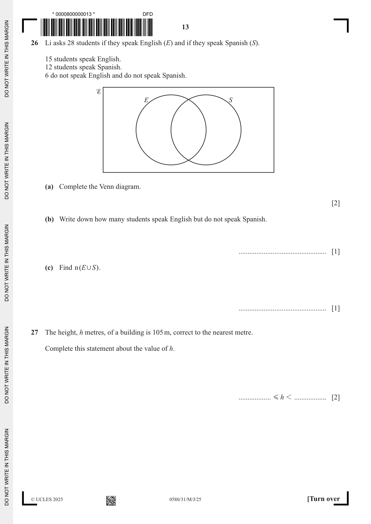 Cambridge IGCSE Mathematics 0580 2025 May/June Paper 3 · Variant 1 question paper, page 13 of 16