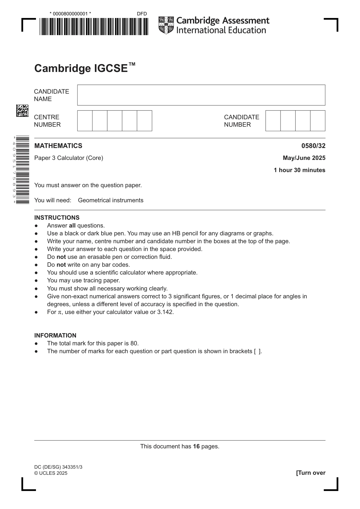 Cambridge IGCSE Mathematics 0580 2025 May/June Paper 3 · Variant 2 question paper, page 1 of 16