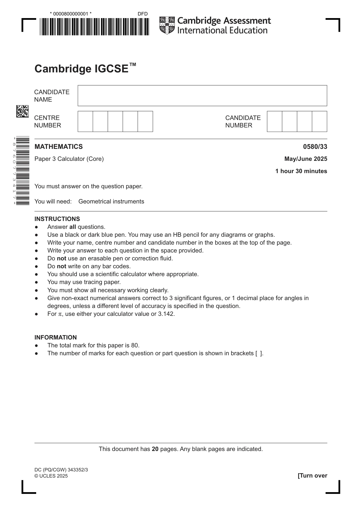 Cambridge IGCSE Mathematics 0580 2025 May/June Paper 3 · Variant 3 question paper, page 1 of 20