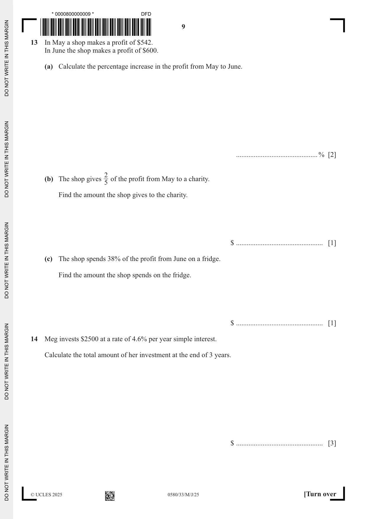 Cambridge IGCSE Mathematics 0580 2025 May/June Paper 3 · Variant 3 question paper, page 9 of 20
