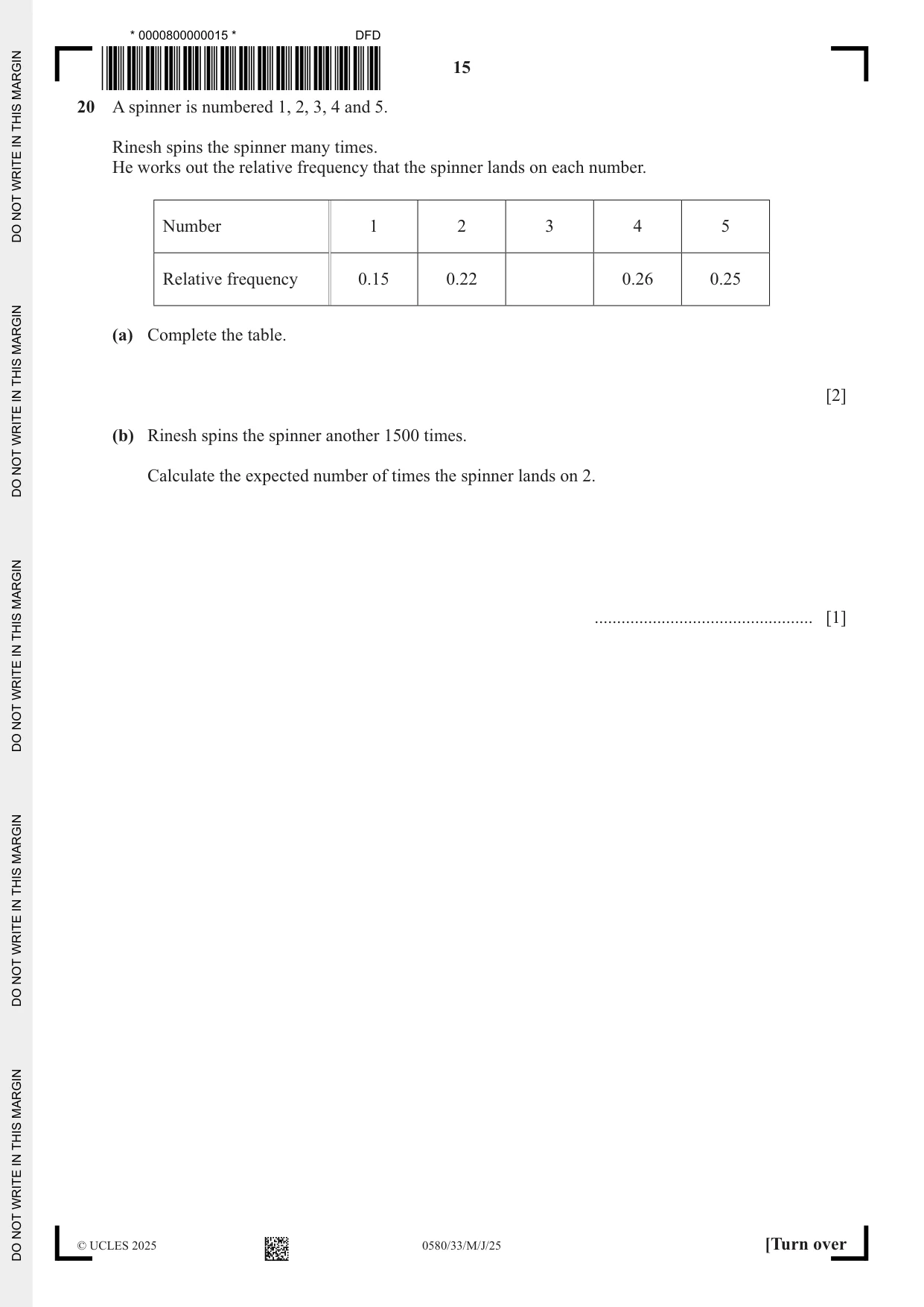 Cambridge IGCSE Mathematics 0580 2025 May/June Paper 3 · Variant 3 question paper, page 15 of 20