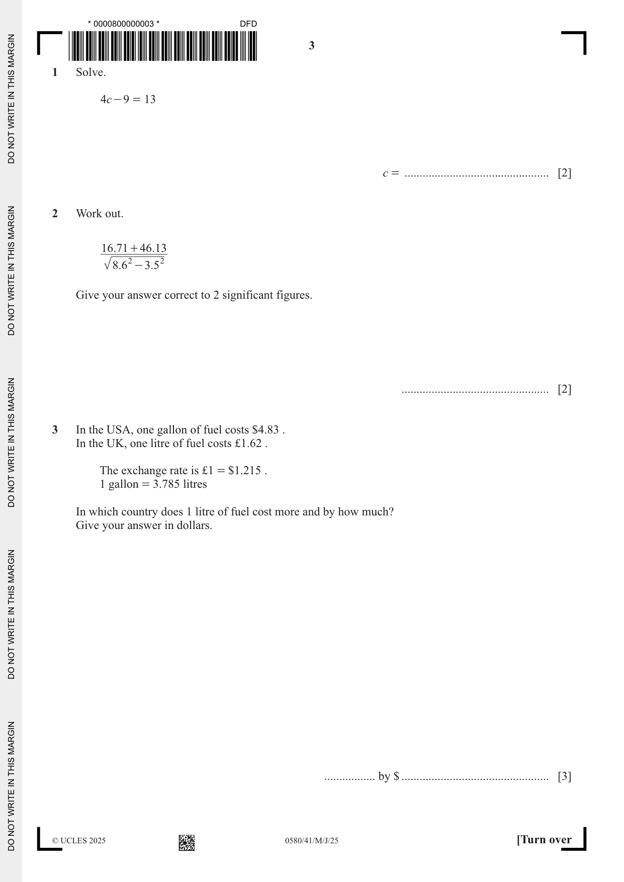 Cambridge IGCSE Mathematics 0580 2025 May/June Paper 4 · Variant 1 question paper, page 3 of 16