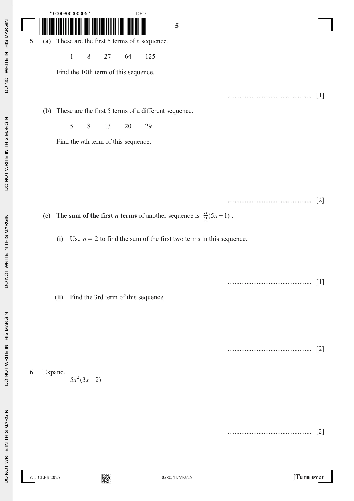 Cambridge IGCSE Mathematics 0580 2025 May/June Paper 4 · Variant 1 question paper, page 5 of 16