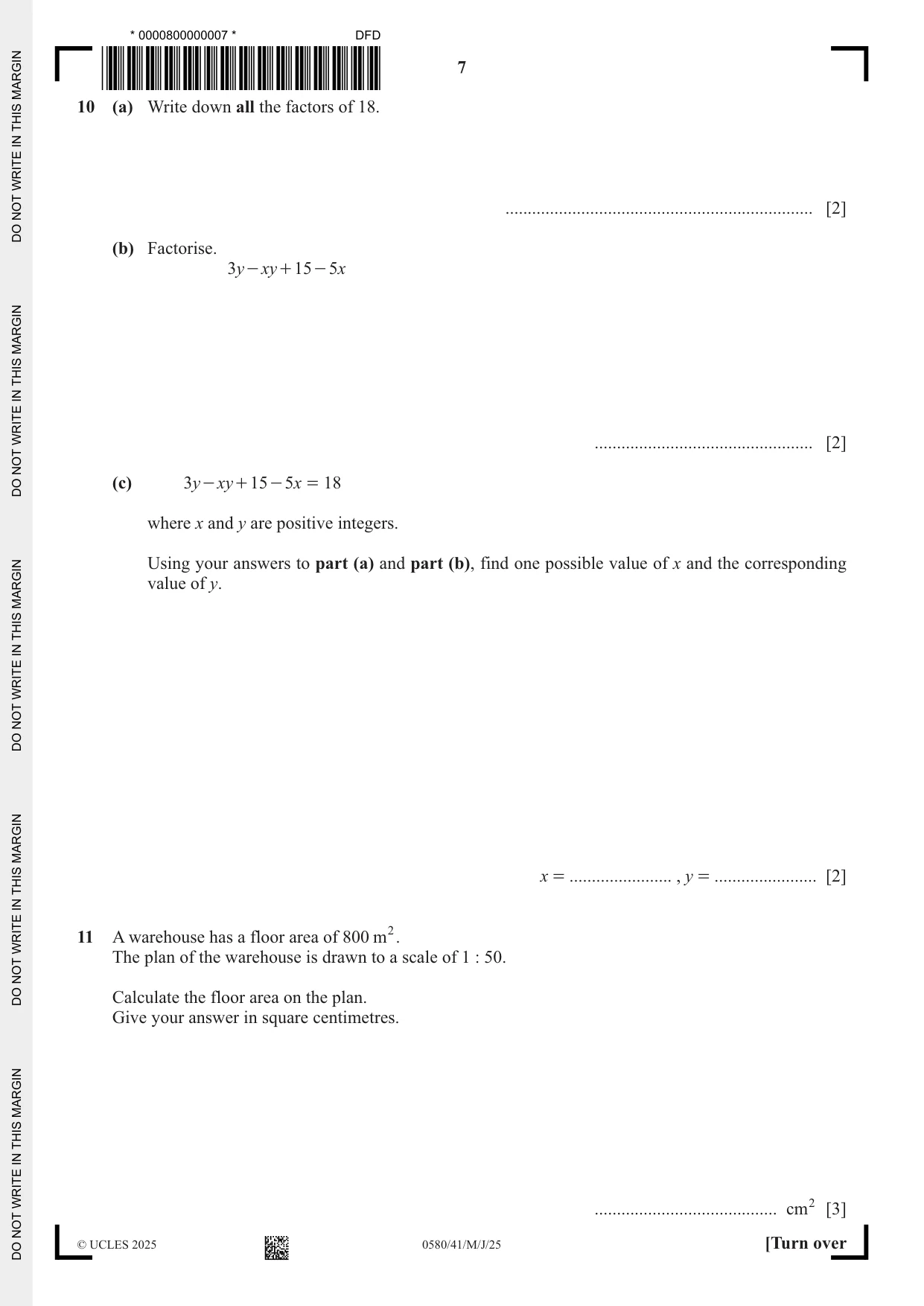 Cambridge IGCSE Mathematics 0580 2025 May/June Paper 4 · Variant 1 question paper, page 7 of 16