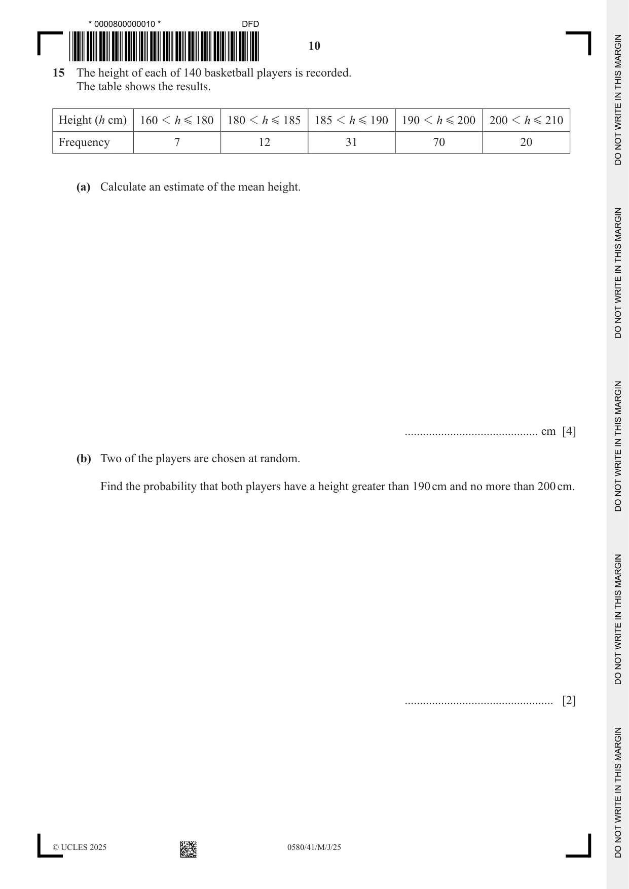 Cambridge IGCSE Mathematics 0580 2025 May/June Paper 4 · Variant 1 question paper, page 10 of 16