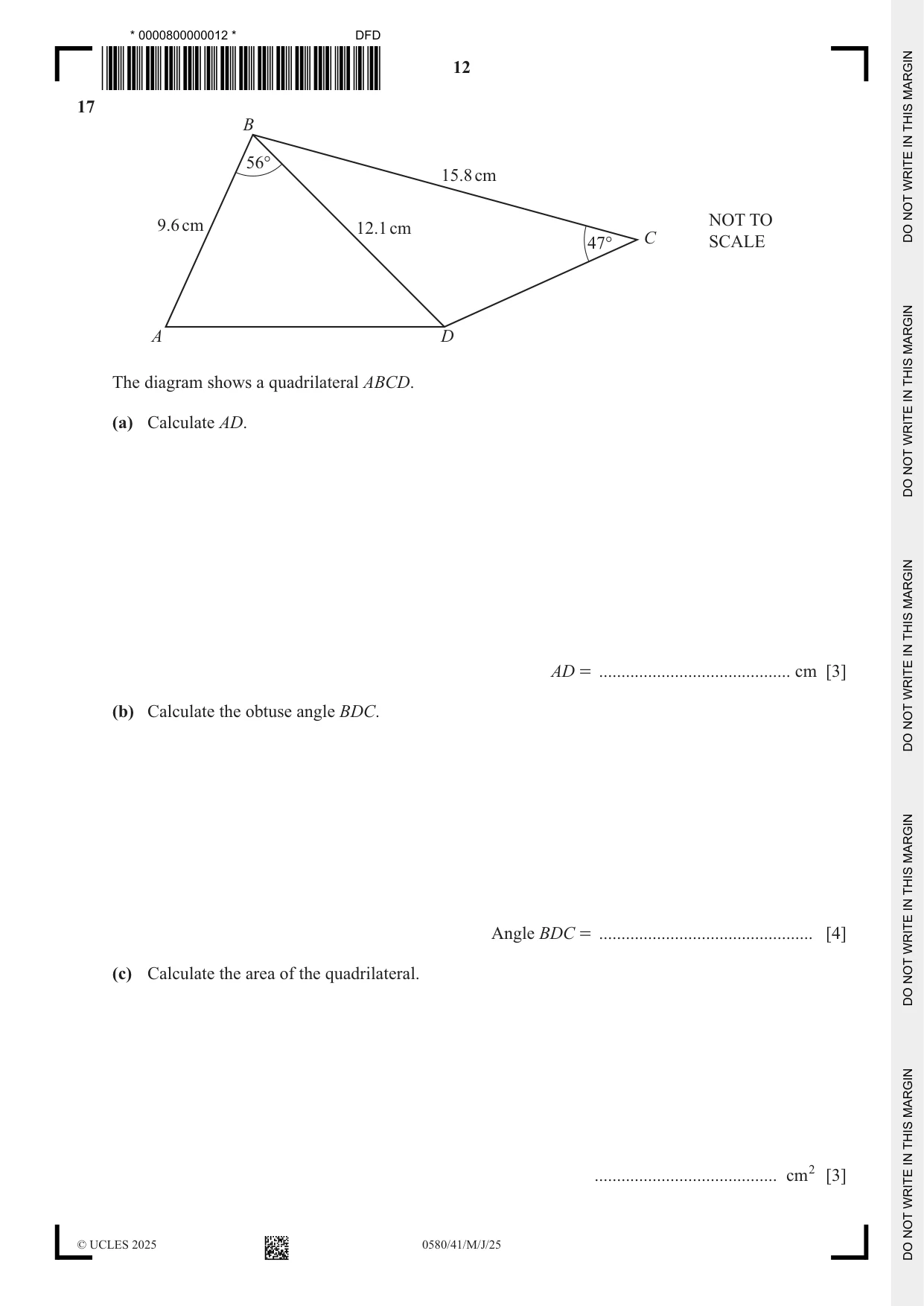 Cambridge IGCSE Mathematics 0580 2025 May/June Paper 4 · Variant 1 question paper, page 12 of 16