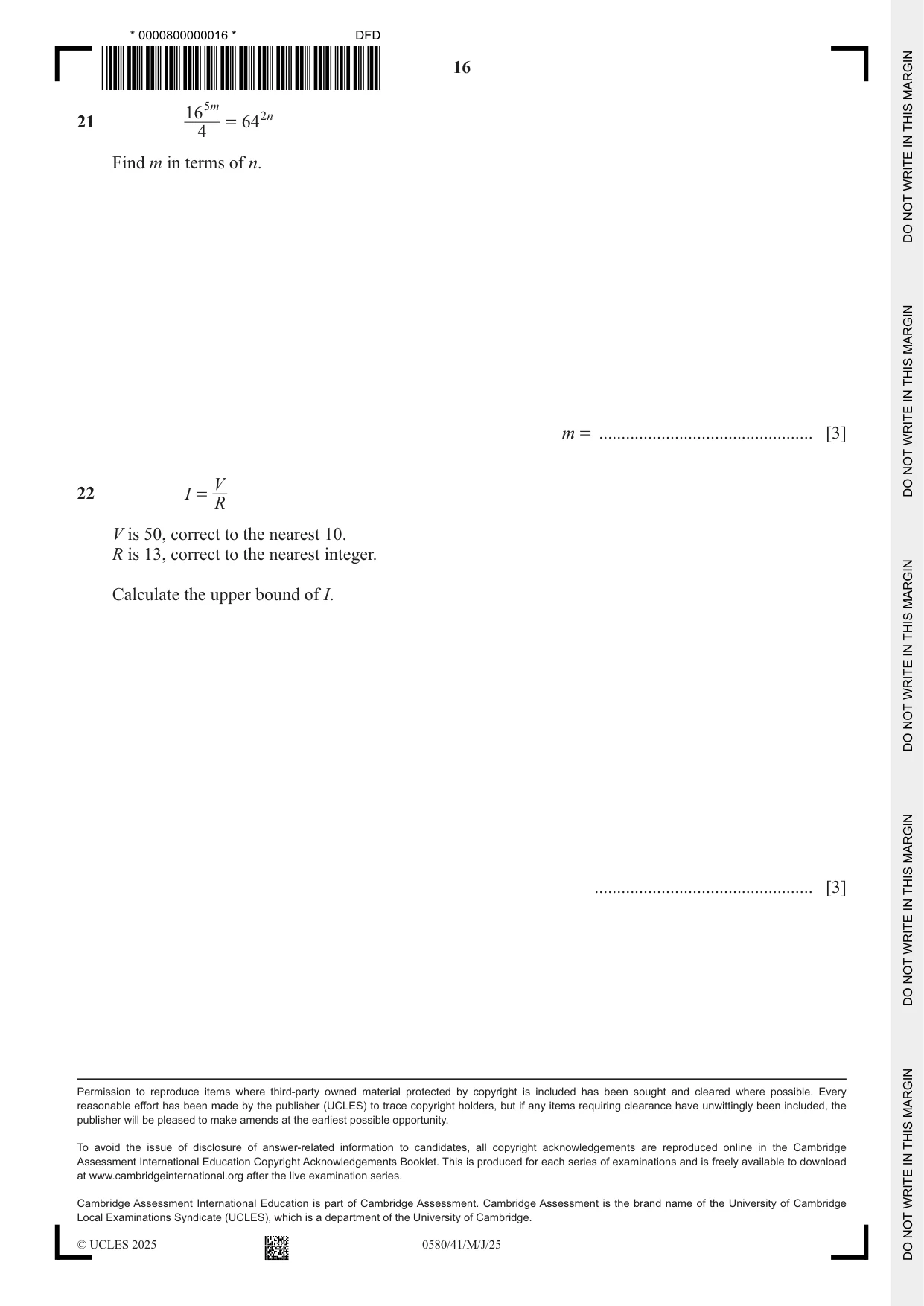 Cambridge IGCSE Mathematics 0580 2025 May/June Paper 4 · Variant 1 question paper, page 16 of 16