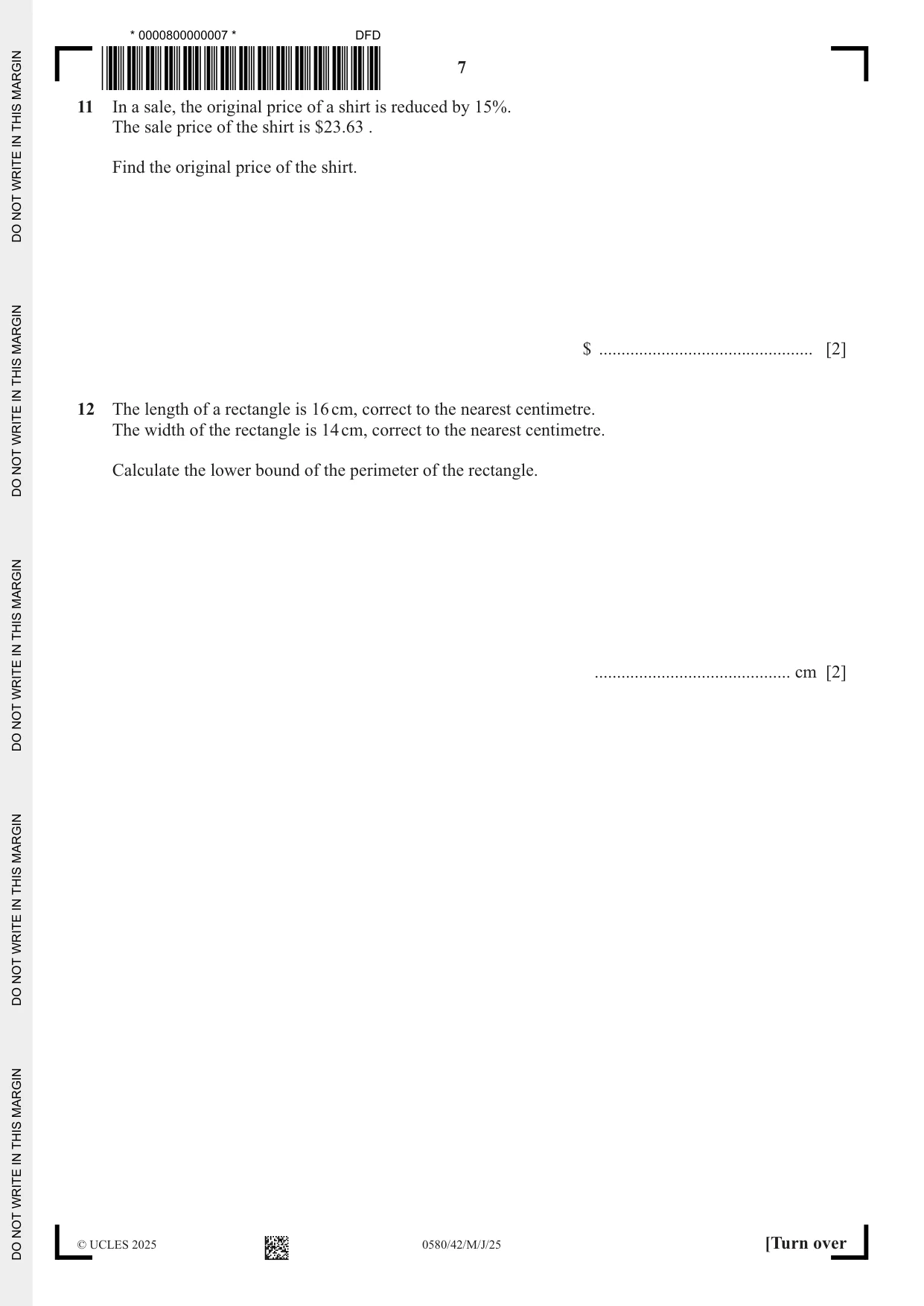 Cambridge IGCSE Mathematics 0580 2025 May/June Paper 4 · Variant 2 question paper, page 7 of 20