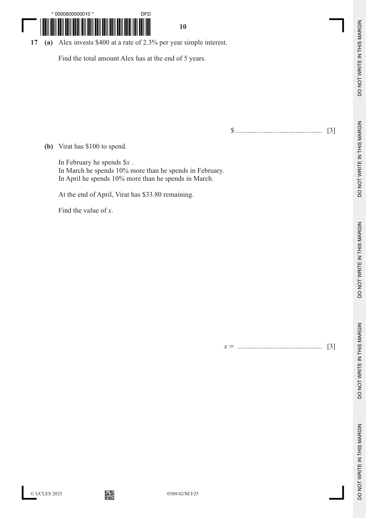 Cambridge IGCSE Mathematics 0580 2025 May/June Paper 4 · Variant 2 question paper, page 10 of 20
