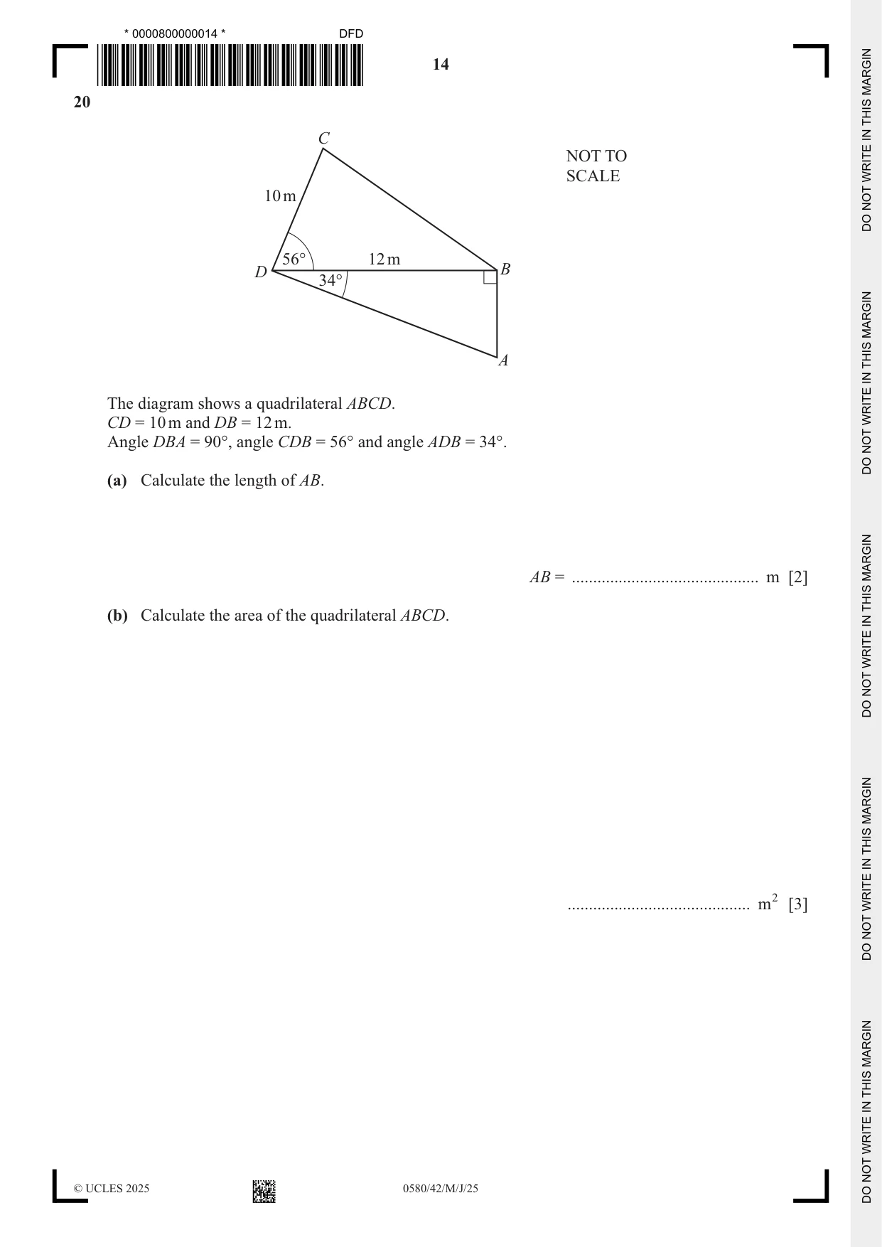 Cambridge IGCSE Mathematics 0580 2025 May/June Paper 4 · Variant 2 question paper, page 14 of 20