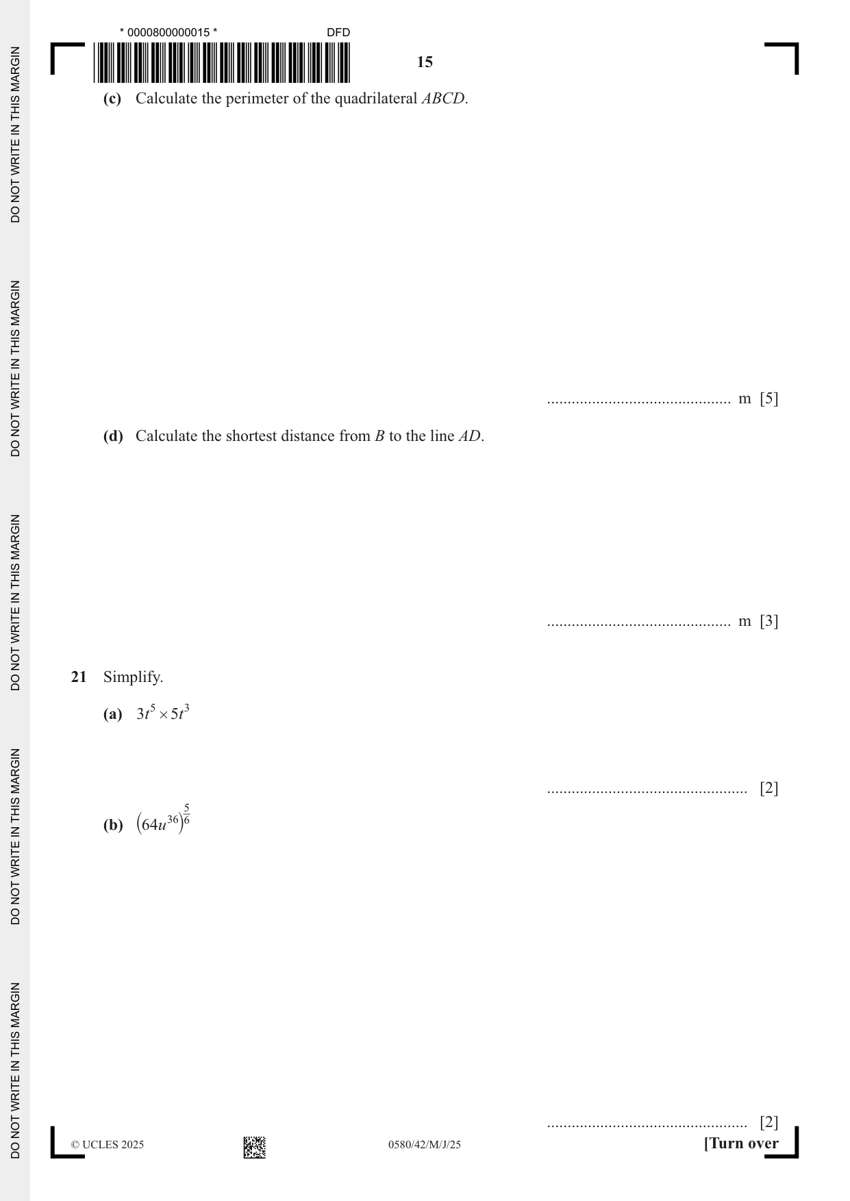 Cambridge IGCSE Mathematics 0580 2025 May/June Paper 4 · Variant 2 question paper, page 15 of 20