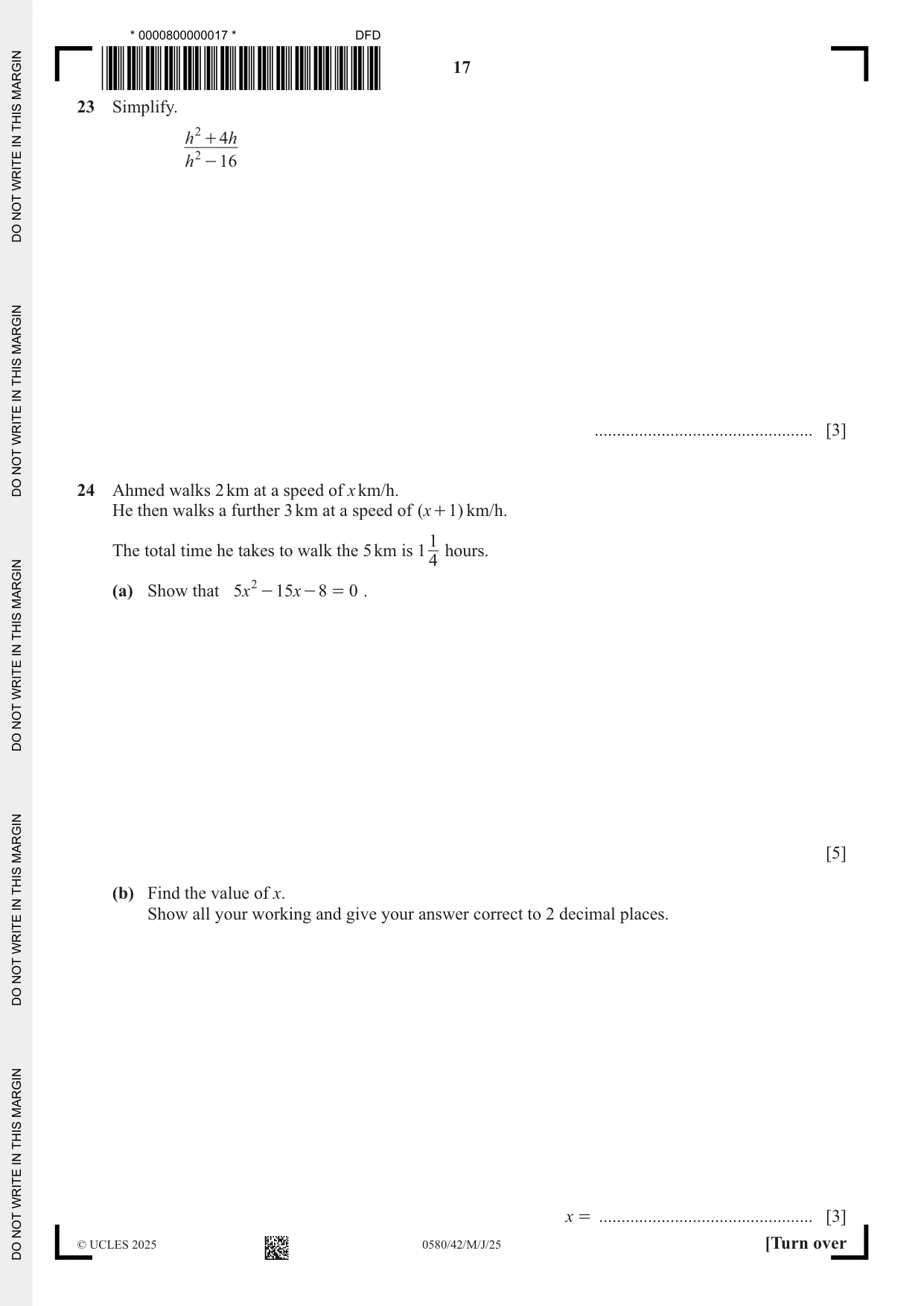 Cambridge IGCSE Mathematics 0580 2025 May/June Paper 4 · Variant 2 question paper, page 17 of 20