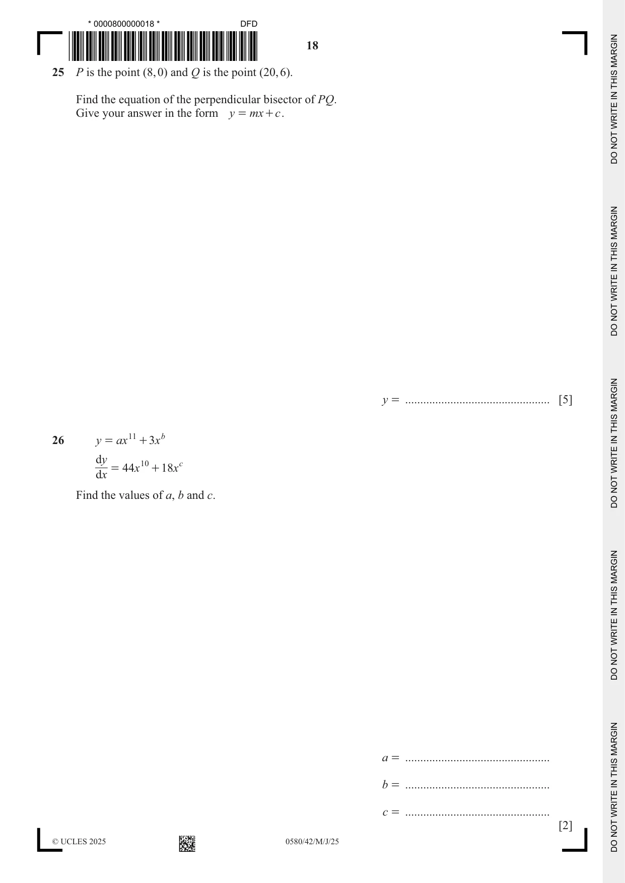 Cambridge IGCSE Mathematics 0580 2025 May/June Paper 4 · Variant 2 question paper, page 18 of 20