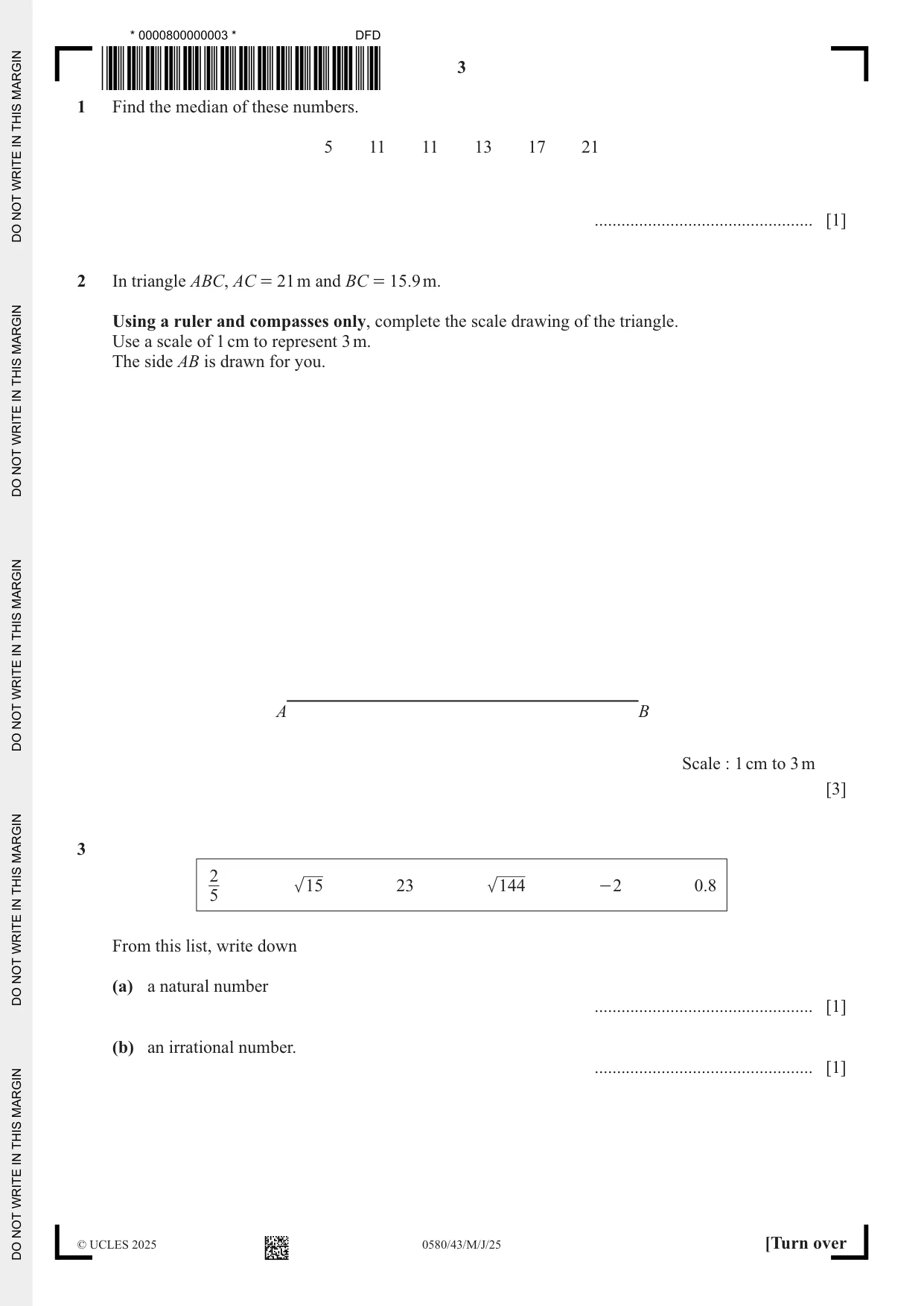 Cambridge IGCSE Mathematics 0580 2025 May/June Paper 4 · Variant 3 question paper, page 3 of 20