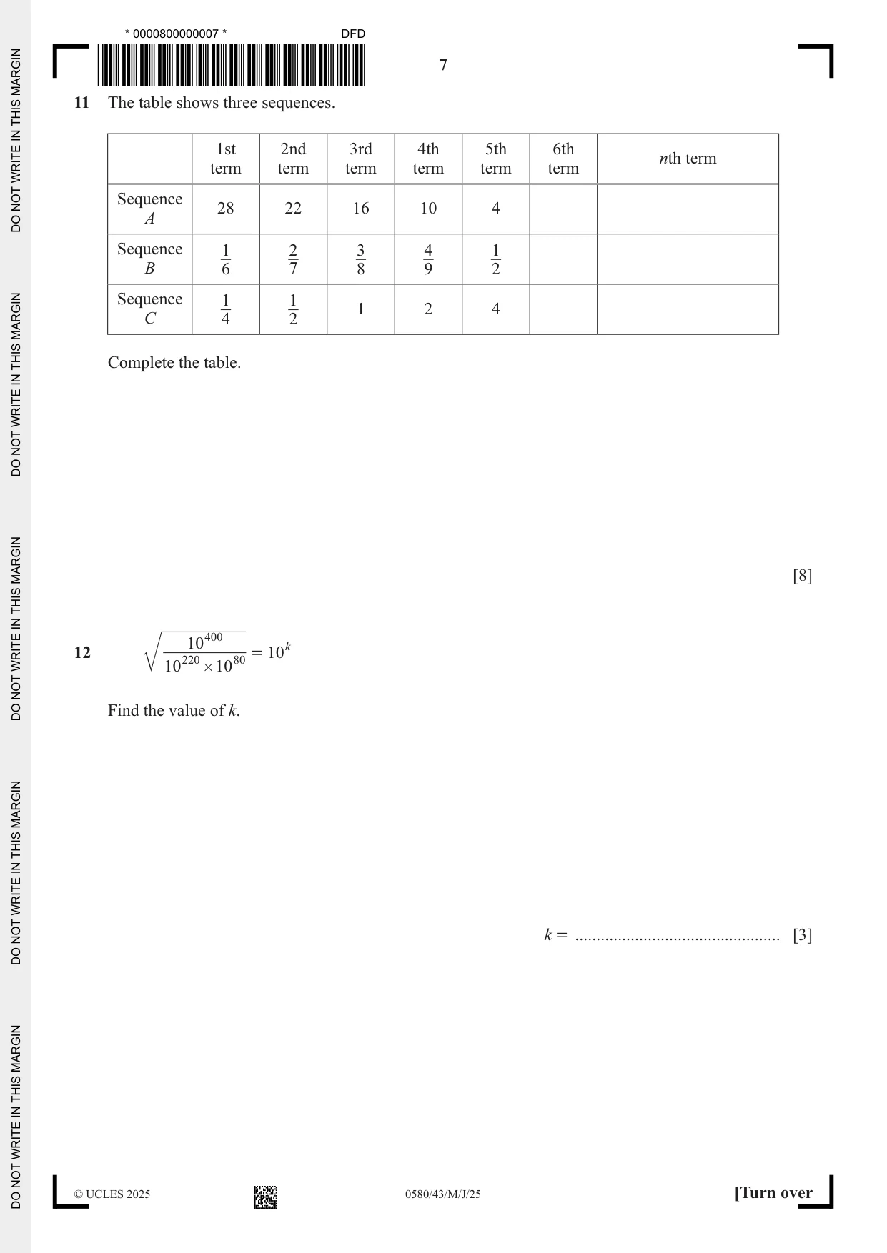 Cambridge IGCSE Mathematics 0580 2025 May/June Paper 4 · Variant 3 question paper, page 7 of 20