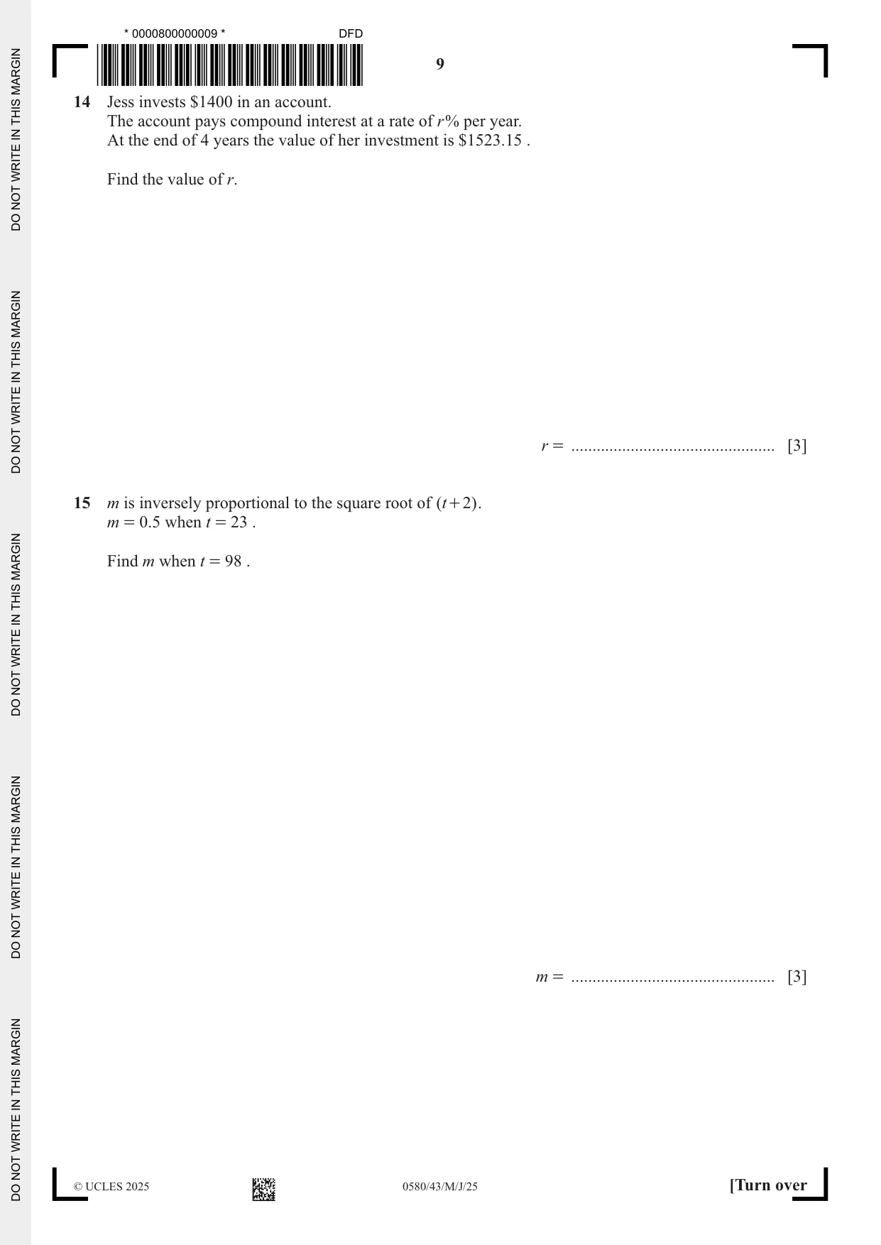 Cambridge IGCSE Mathematics 0580 2025 May/June Paper 4 · Variant 3 question paper, page 9 of 20