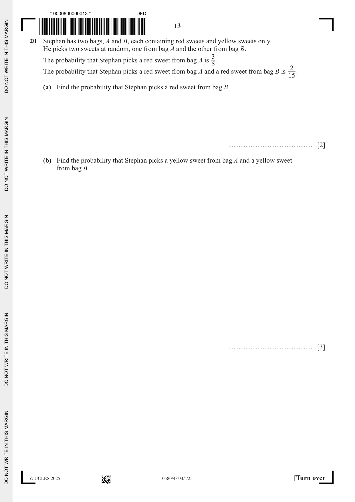 Cambridge IGCSE Mathematics 0580 2025 May/June Paper 4 · Variant 3 question paper, page 13 of 20