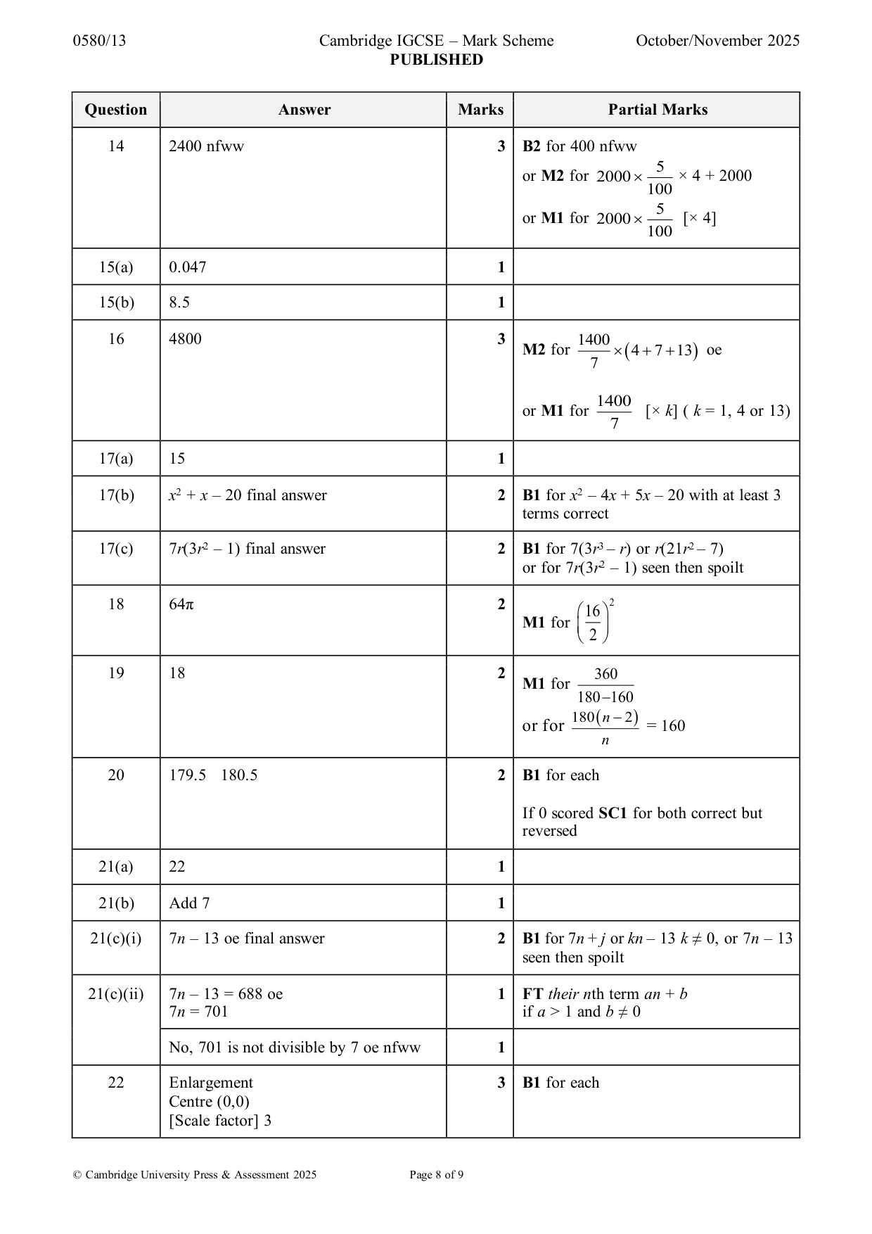 Mark scheme, page 8 of 9