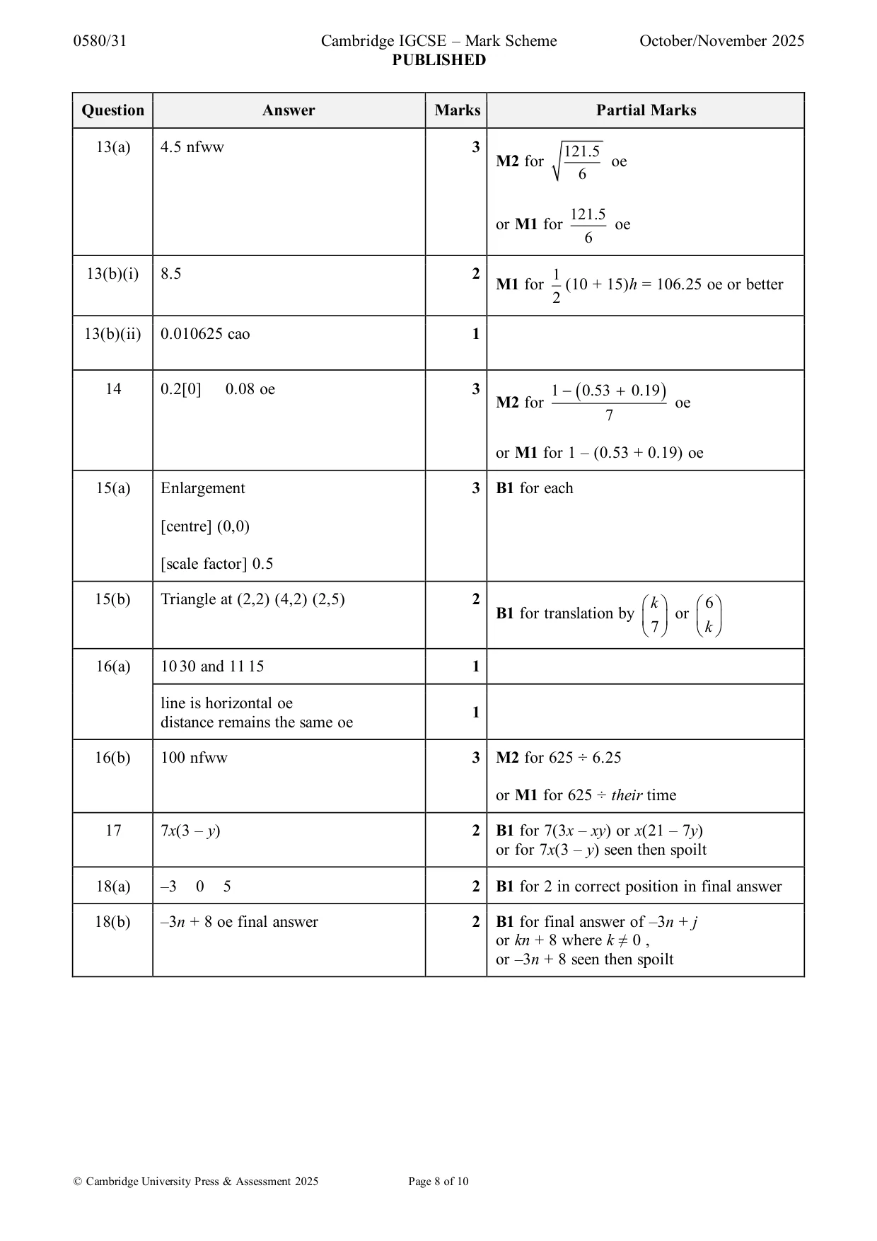 Mark scheme, page 8 of 10
