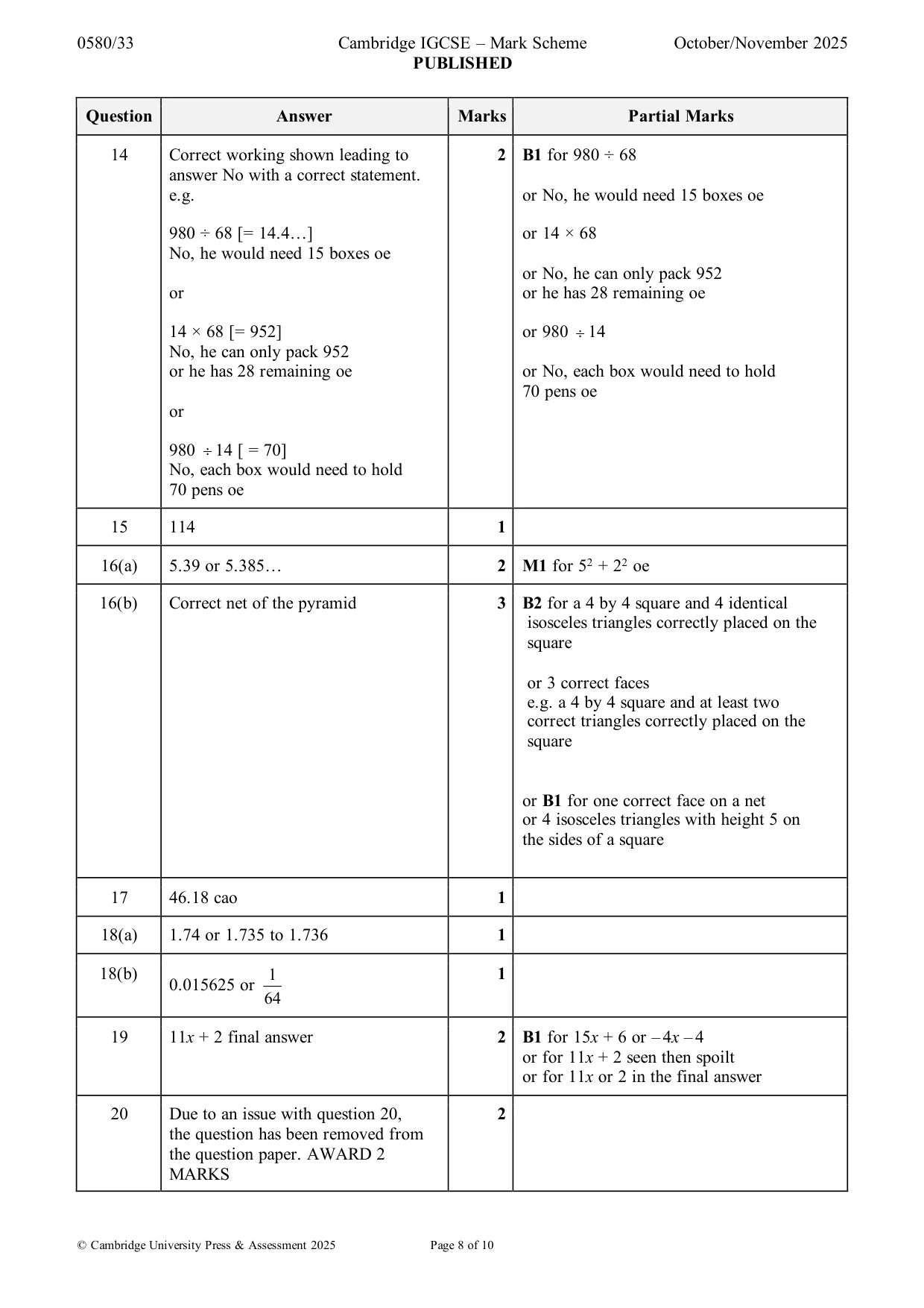 Mark scheme, page 8 of 10
