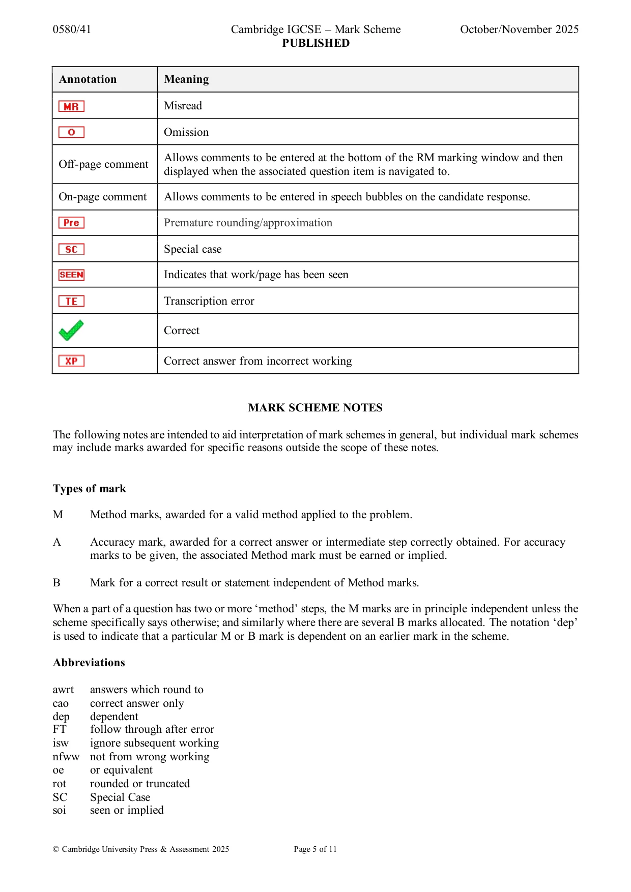 Mark scheme, page 5 of 11