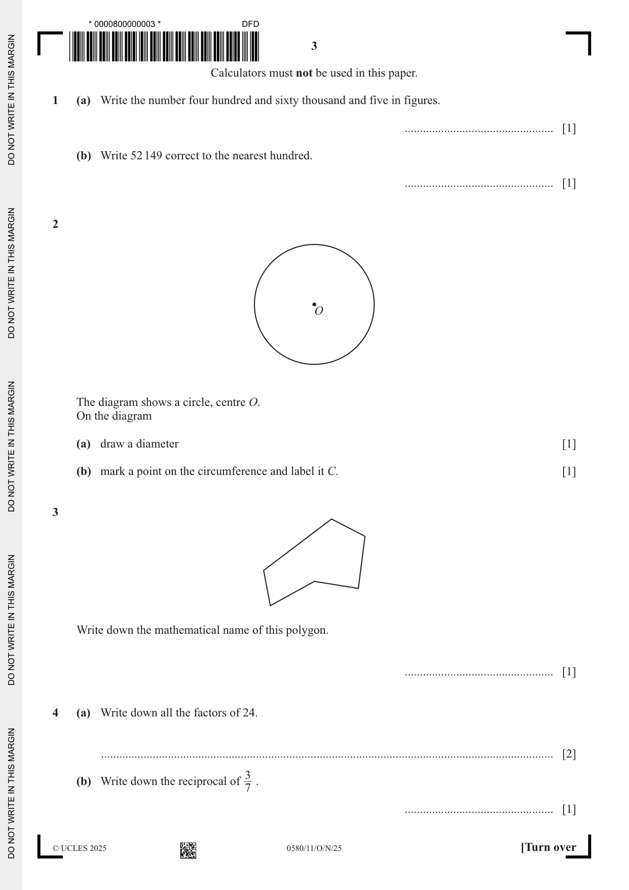 Cambridge IGCSE Mathematics 0580 2025 Oct/Nov Paper 1 · Variant 1 question paper, page 3 of 16