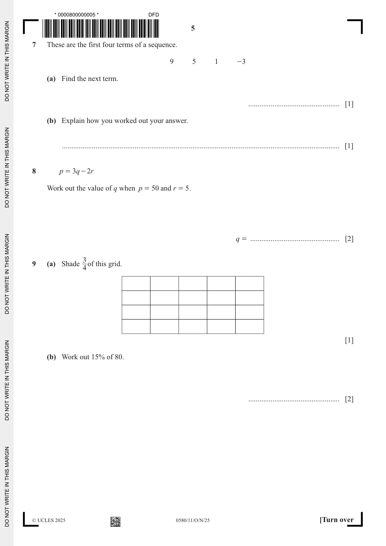 Cambridge IGCSE Mathematics 0580 2025 Oct/Nov Paper 1 · Variant 1 question paper, page 5 of 16