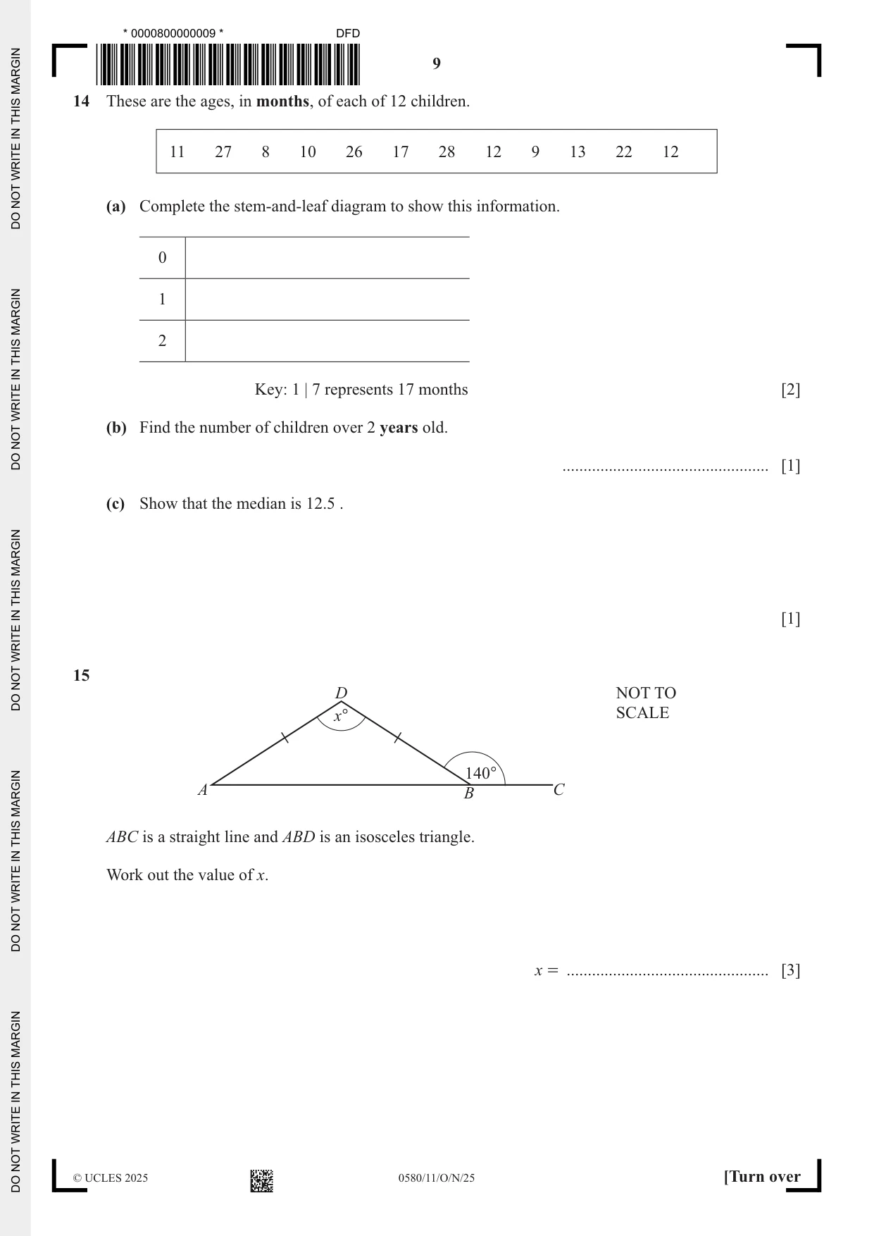 Cambridge IGCSE Mathematics 0580 2025 Oct/Nov Paper 1 · Variant 1 question paper, page 9 of 16