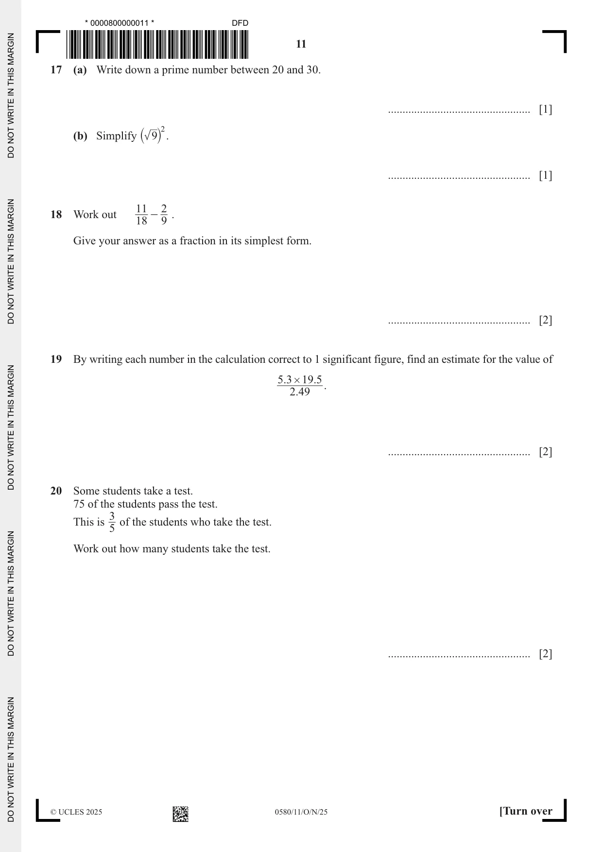 Cambridge IGCSE Mathematics 0580 2025 Oct/Nov Paper 1 · Variant 1 question paper, page 11 of 16