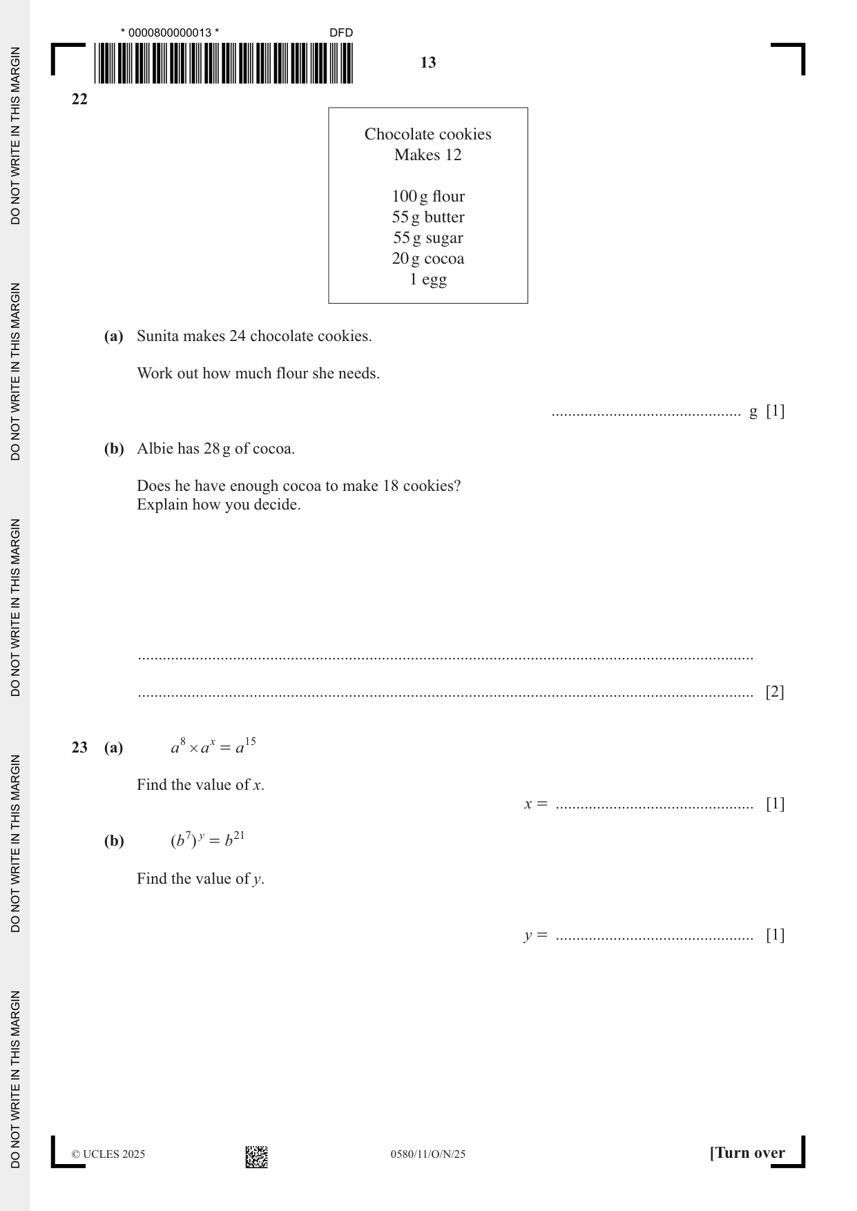 Cambridge IGCSE Mathematics 0580 2025 Oct/Nov Paper 1 · Variant 1 question paper, page 13 of 16