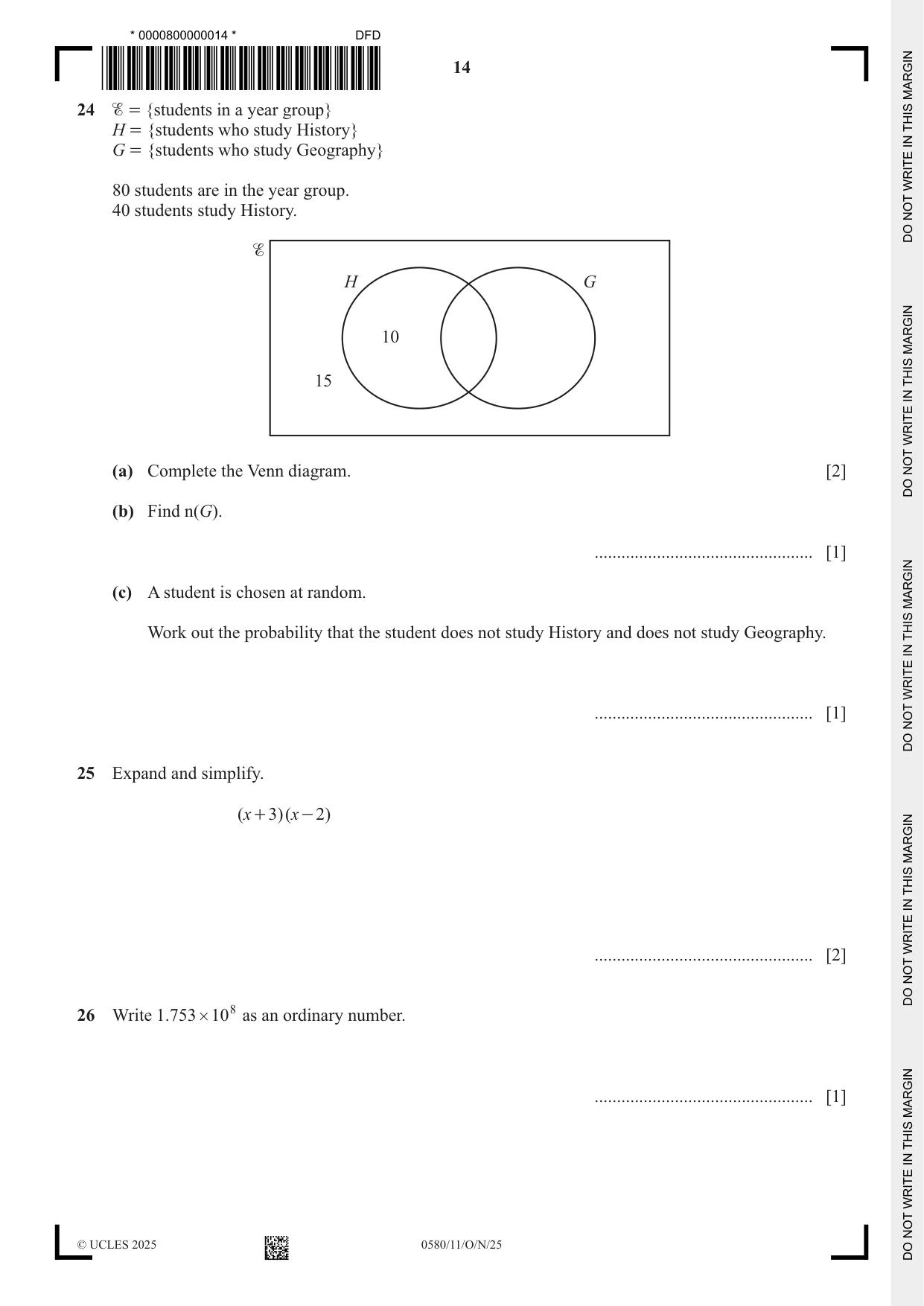 Cambridge IGCSE Mathematics 0580 2025 Oct/Nov Paper 1 · Variant 1 question paper, page 14 of 16