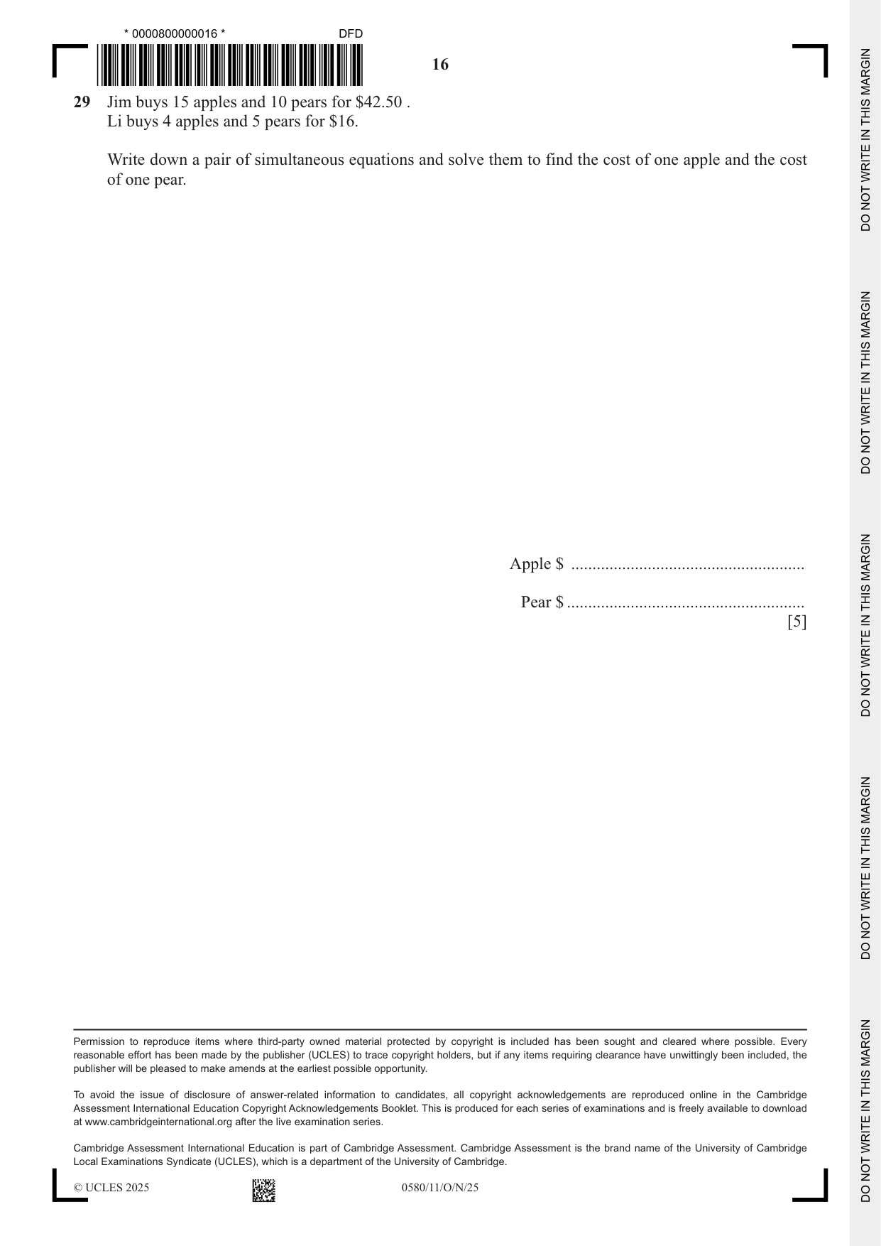 Cambridge IGCSE Mathematics 0580 2025 Oct/Nov Paper 1 · Variant 1 question paper, page 16 of 16