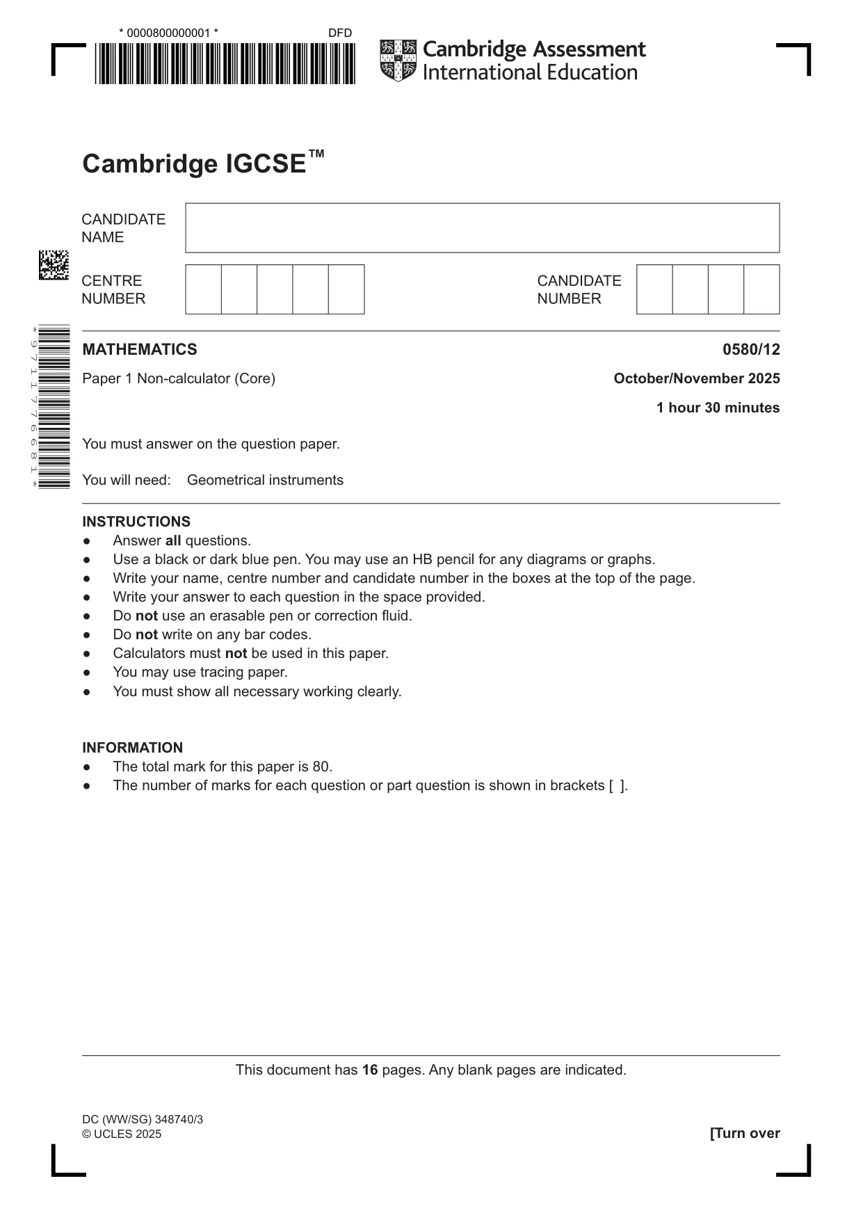 Cambridge IGCSE Mathematics 0580 2025 Oct/Nov Paper 1 · Variant 2 question paper, page 1 of 16