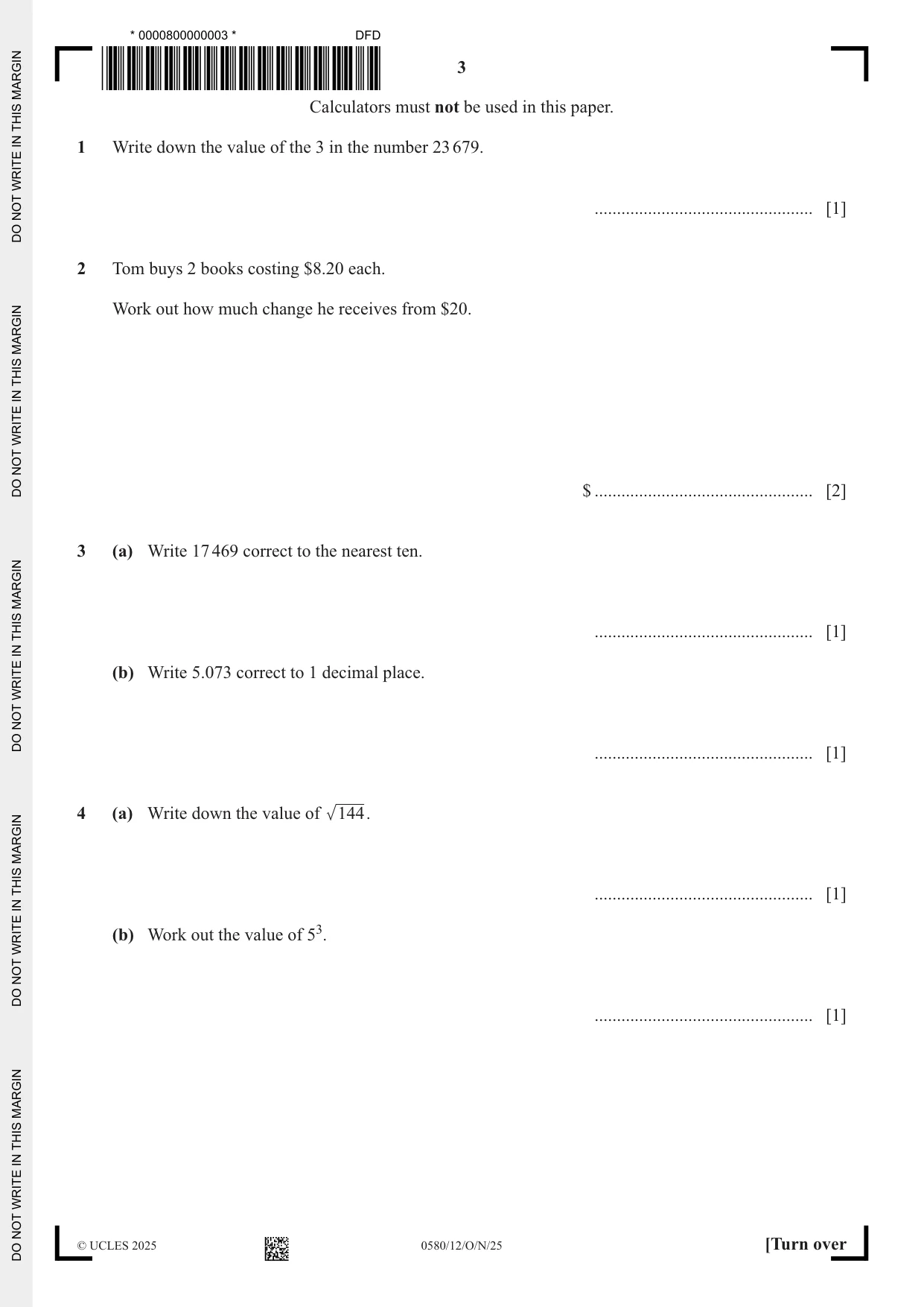 Cambridge IGCSE Mathematics 0580 2025 Oct/Nov Paper 1 · Variant 2 question paper, page 3 of 16