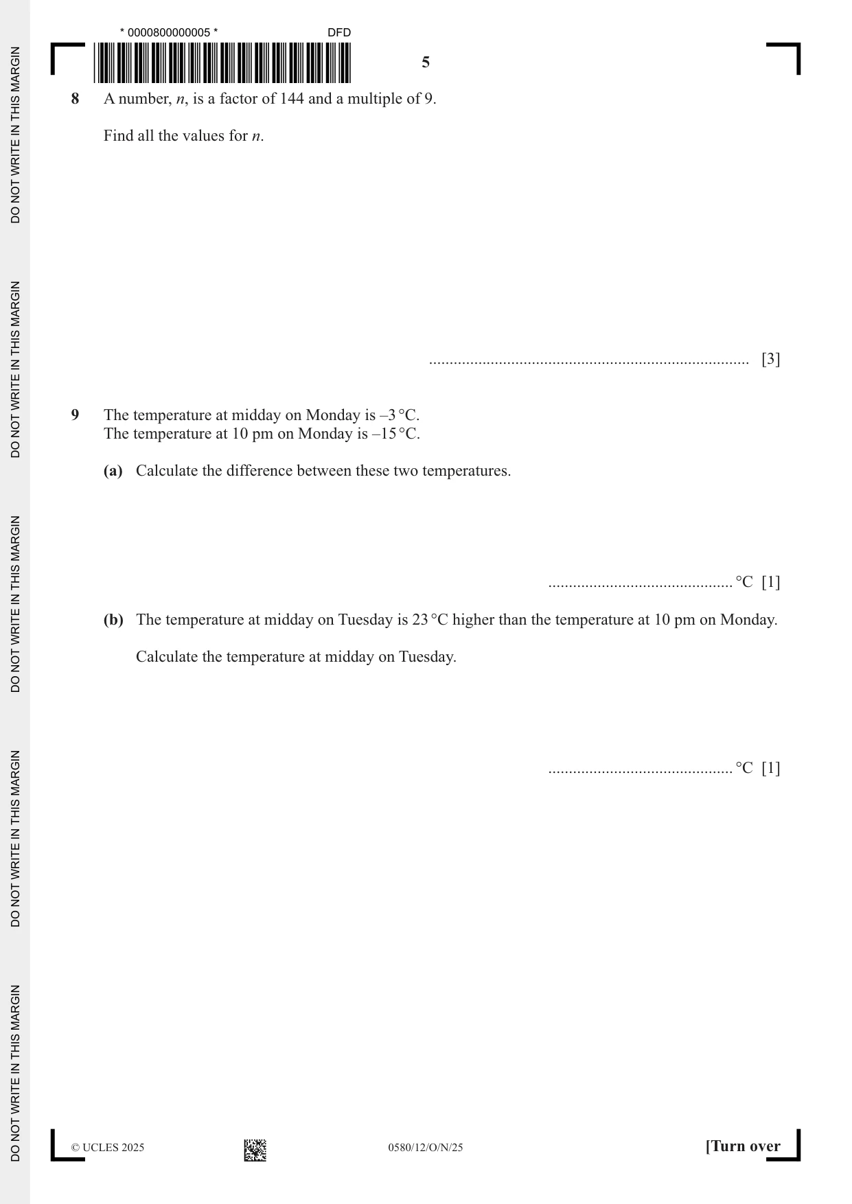 Cambridge IGCSE Mathematics 0580 2025 Oct/Nov Paper 1 · Variant 2 question paper, page 5 of 16