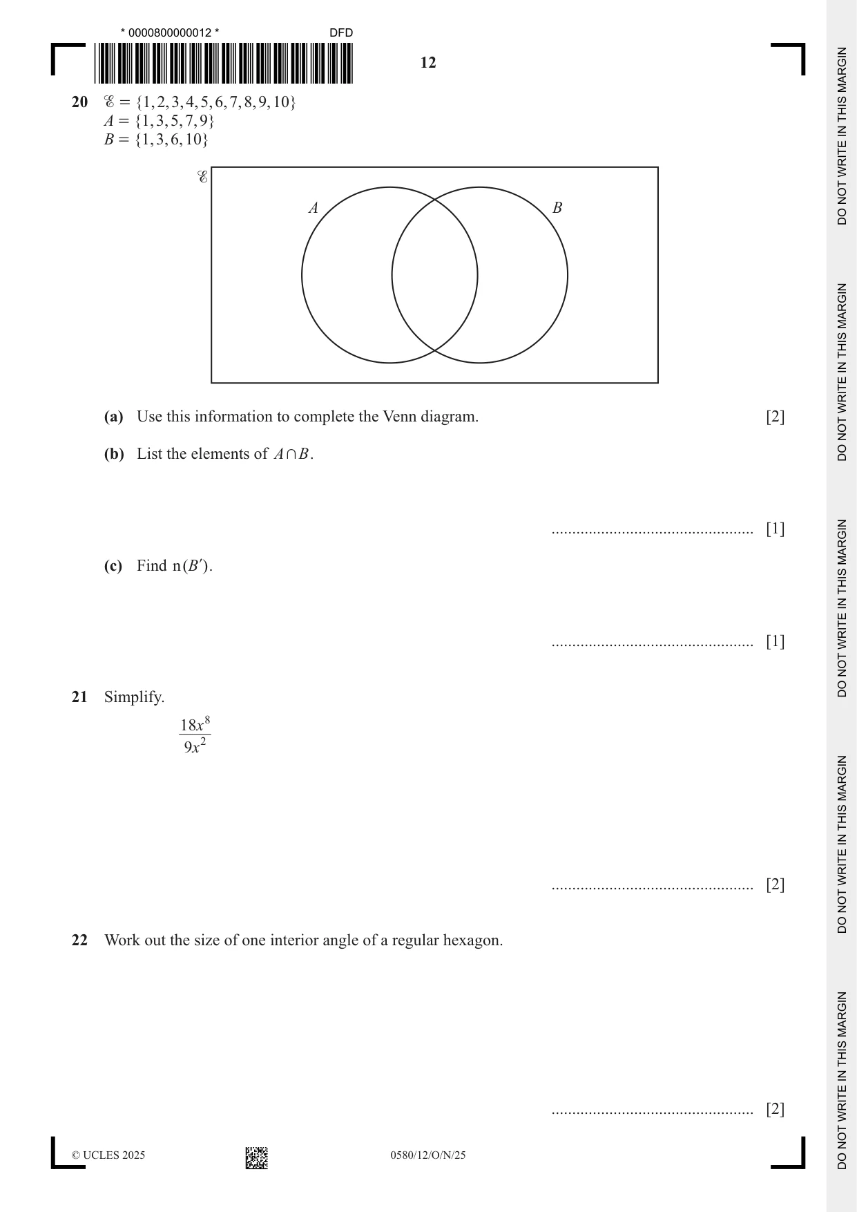 Cambridge IGCSE Mathematics 0580 2025 Oct/Nov Paper 1 · Variant 2 question paper, page 12 of 16