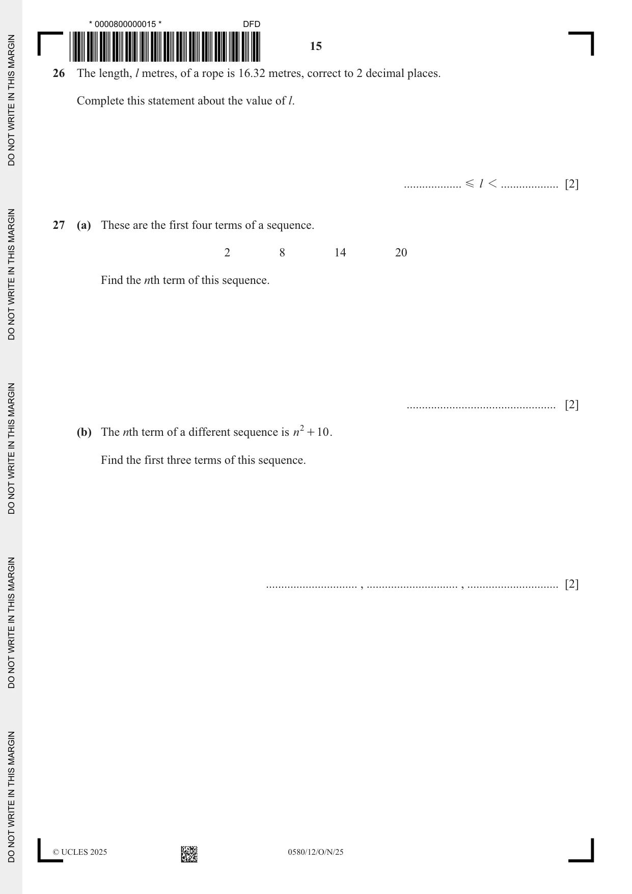Cambridge IGCSE Mathematics 0580 2025 Oct/Nov Paper 1 · Variant 2 question paper, page 15 of 16