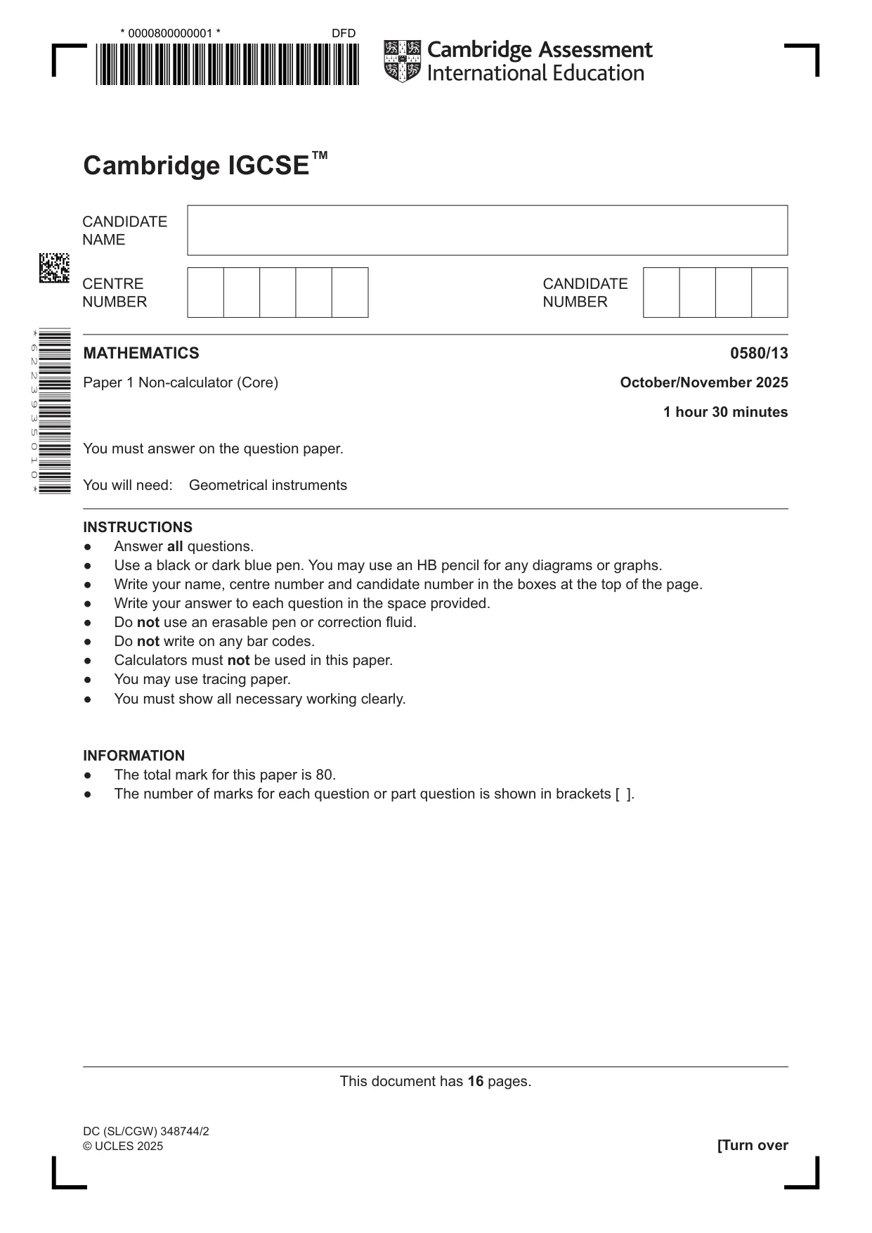 Cambridge IGCSE Mathematics 0580 2025 Oct/Nov Paper 1 · Variant 3 question paper, page 1 of 16