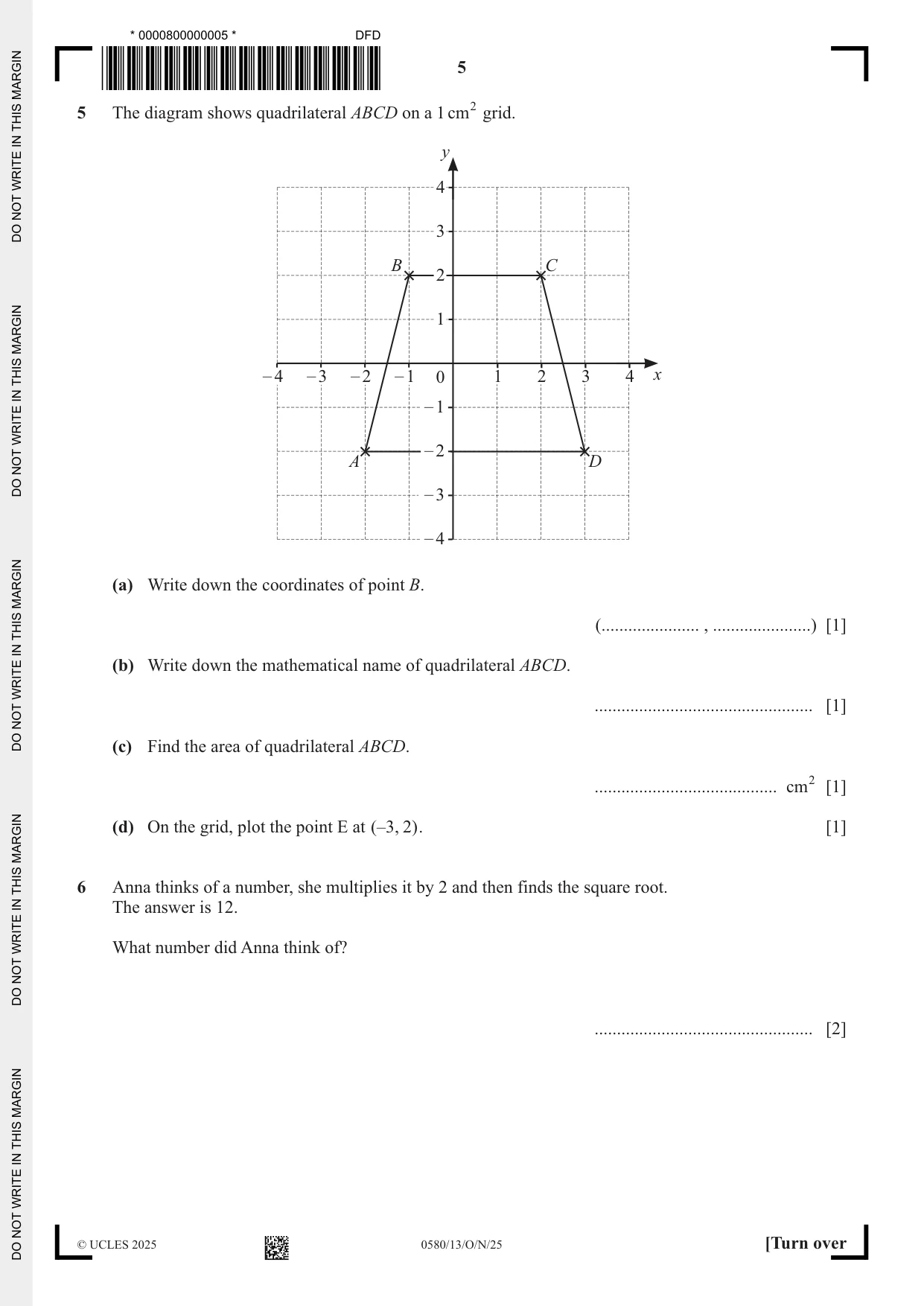 Cambridge IGCSE Mathematics 0580 2025 Oct/Nov Paper 1 · Variant 3 question paper, page 5 of 16