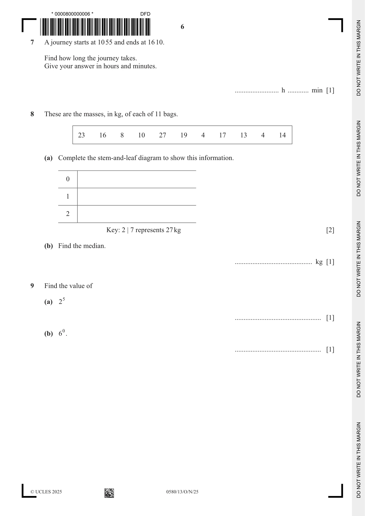Cambridge IGCSE Mathematics 0580 2025 Oct/Nov Paper 1 · Variant 3 question paper, page 6 of 16
