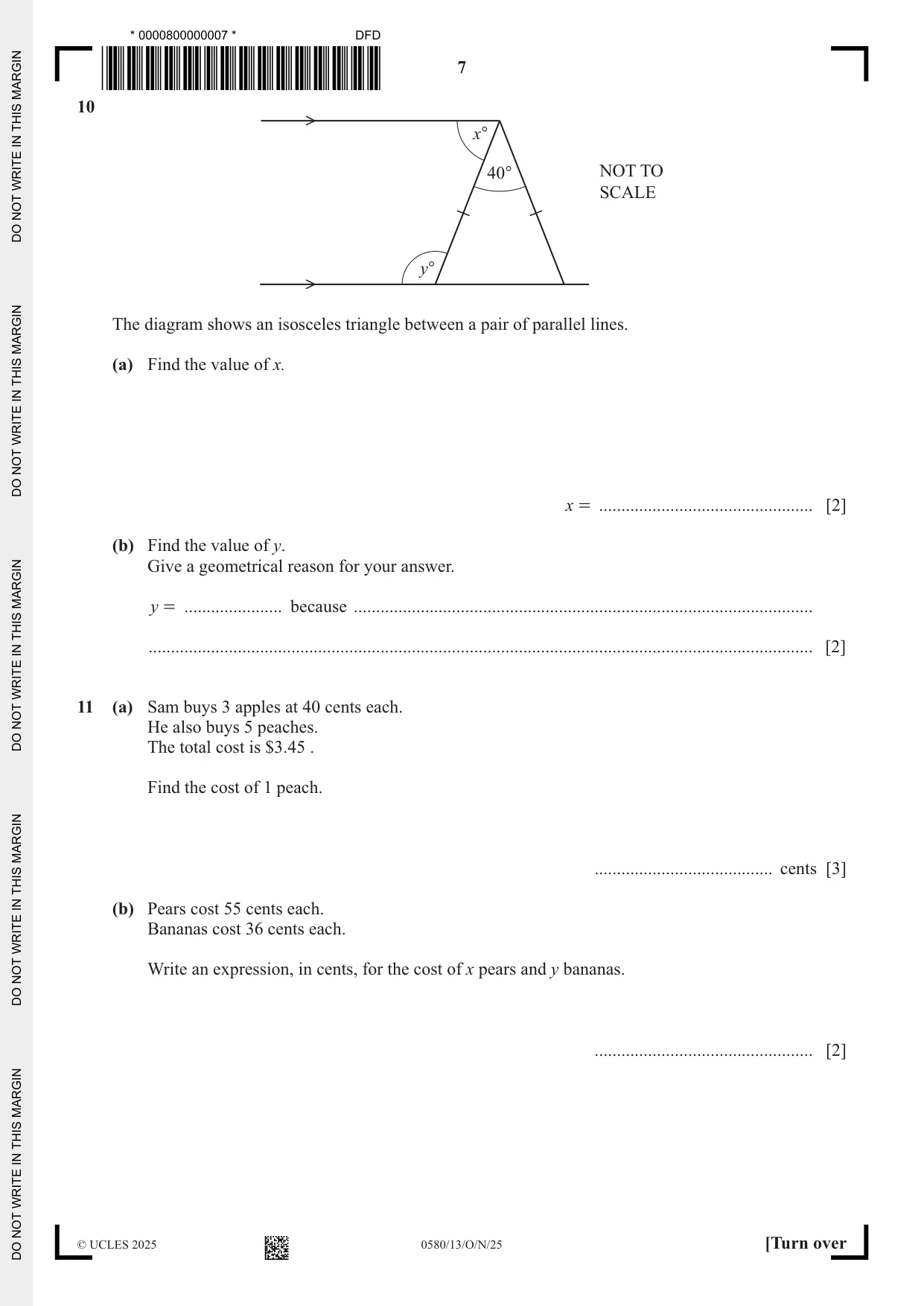 Cambridge IGCSE Mathematics 0580 2025 Oct/Nov Paper 1 · Variant 3 question paper, page 7 of 16