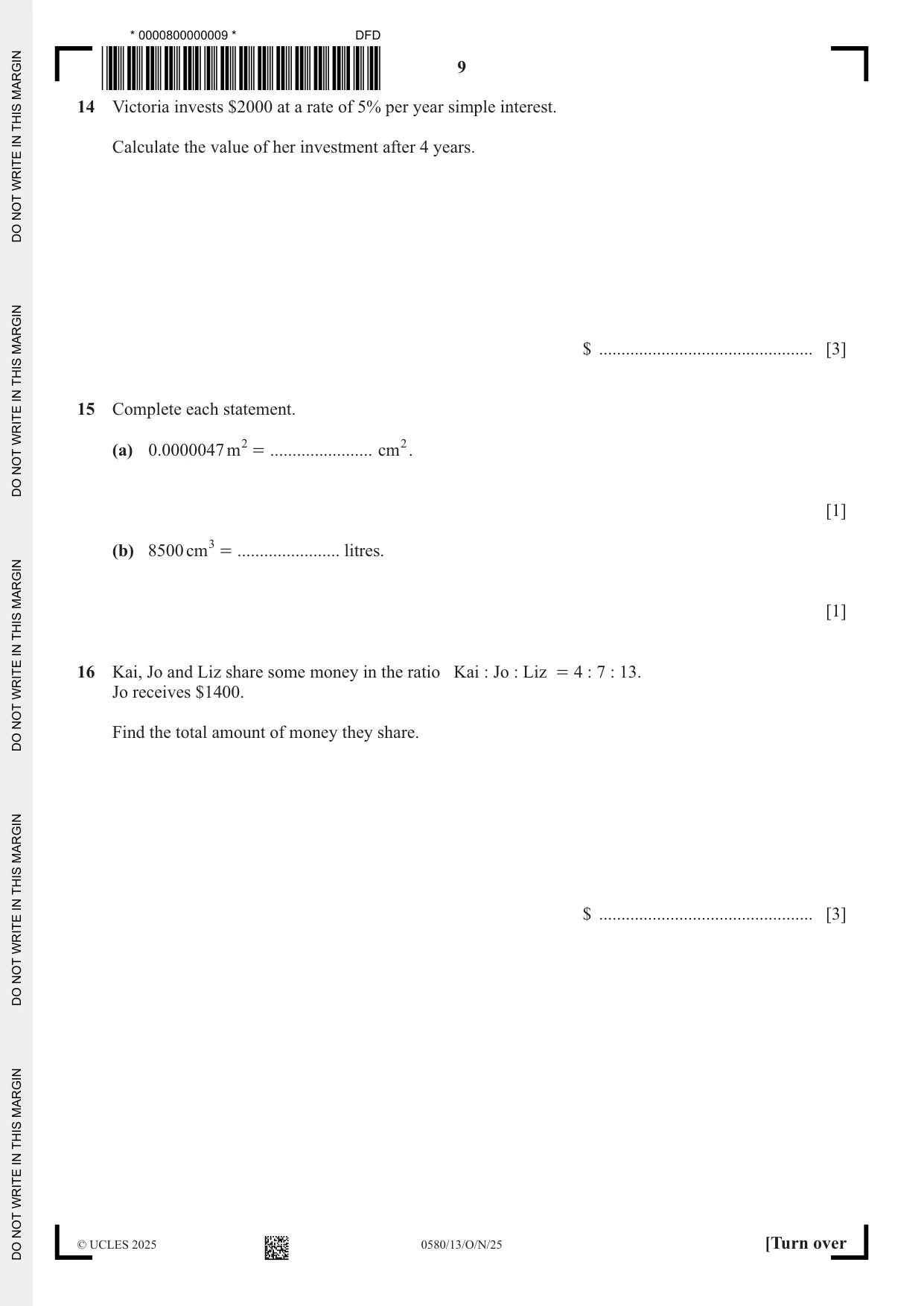 Cambridge IGCSE Mathematics 0580 2025 Oct/Nov Paper 1 · Variant 3 question paper, page 9 of 16