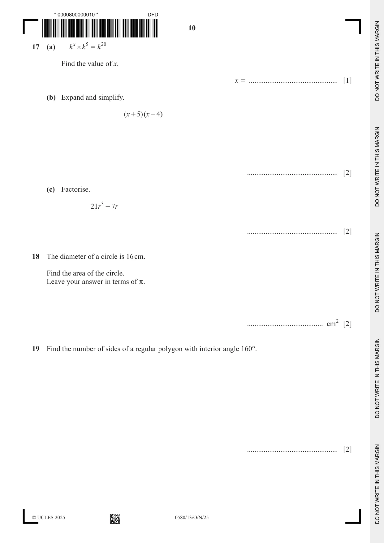 Cambridge IGCSE Mathematics 0580 2025 Oct/Nov Paper 1 · Variant 3 question paper, page 10 of 16