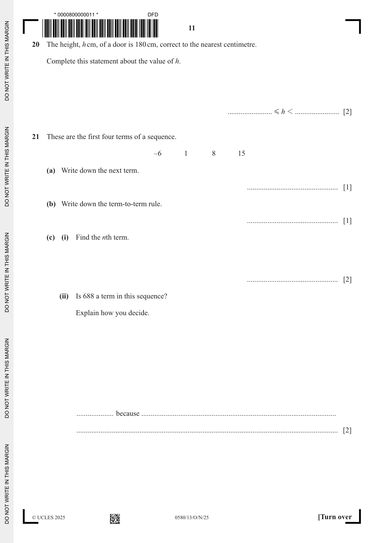 Cambridge IGCSE Mathematics 0580 2025 Oct/Nov Paper 1 · Variant 3 question paper, page 11 of 16
