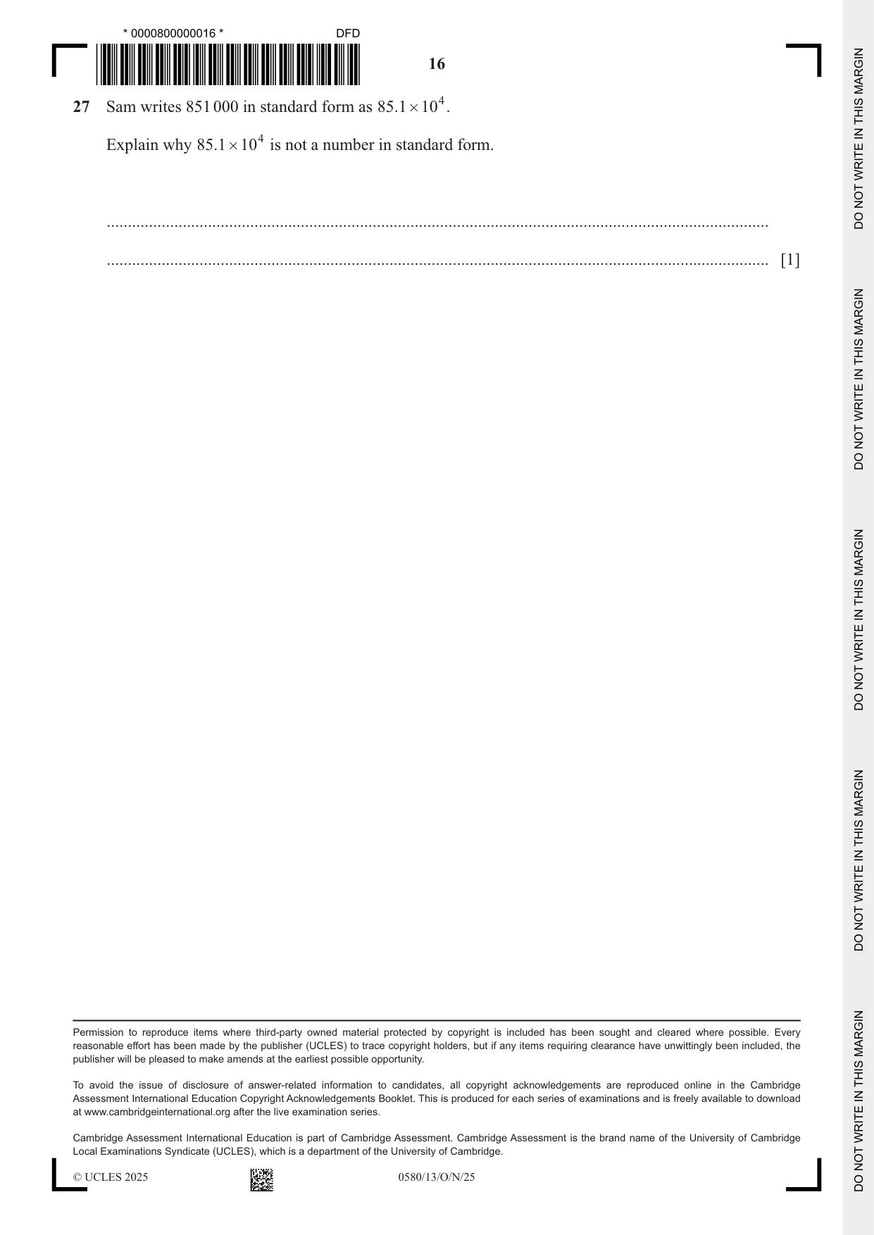 Cambridge IGCSE Mathematics 0580 2025 Oct/Nov Paper 1 · Variant 3 question paper, page 16 of 16