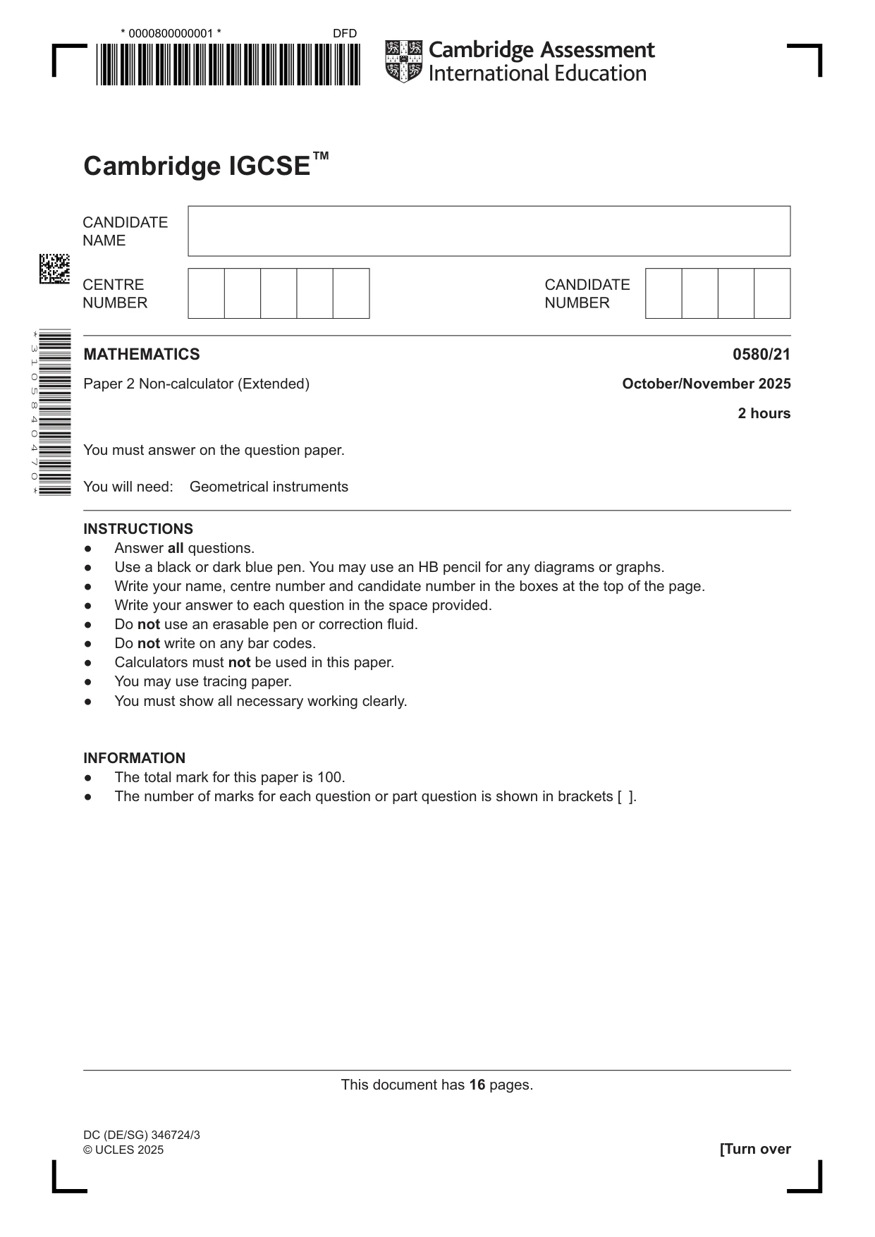 Cambridge IGCSE Mathematics 0580 2025 Oct/Nov Paper 2 · Variant 1 question paper, page 1 of 16