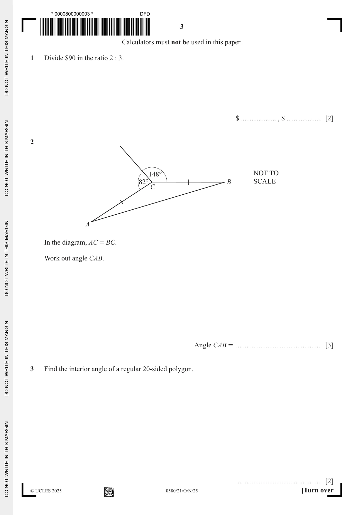 Cambridge IGCSE Mathematics 0580 2025 Oct/Nov Paper 2 · Variant 1 question paper, page 3 of 16