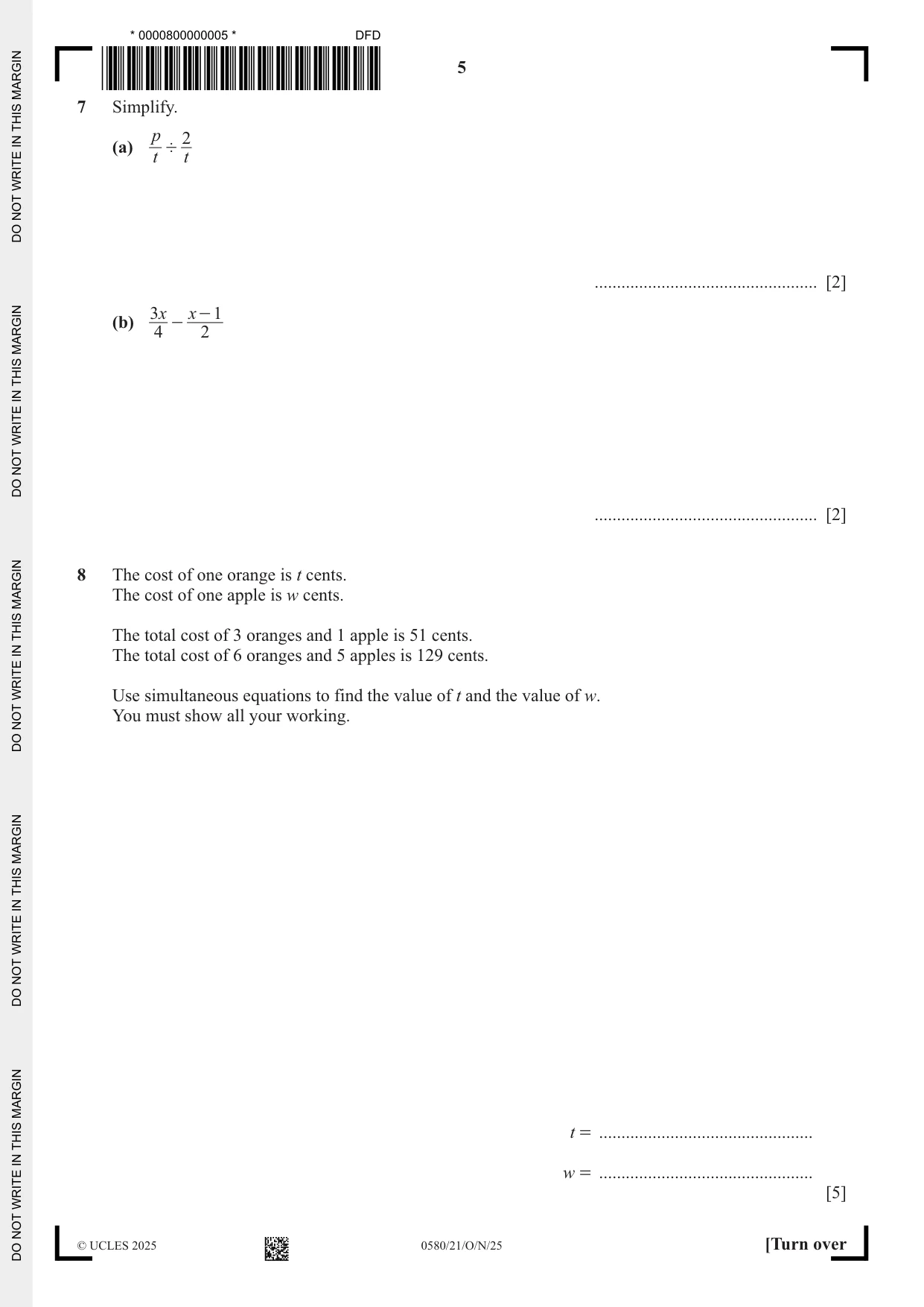 Cambridge IGCSE Mathematics 0580 2025 Oct/Nov Paper 2 · Variant 1 question paper, page 5 of 16
